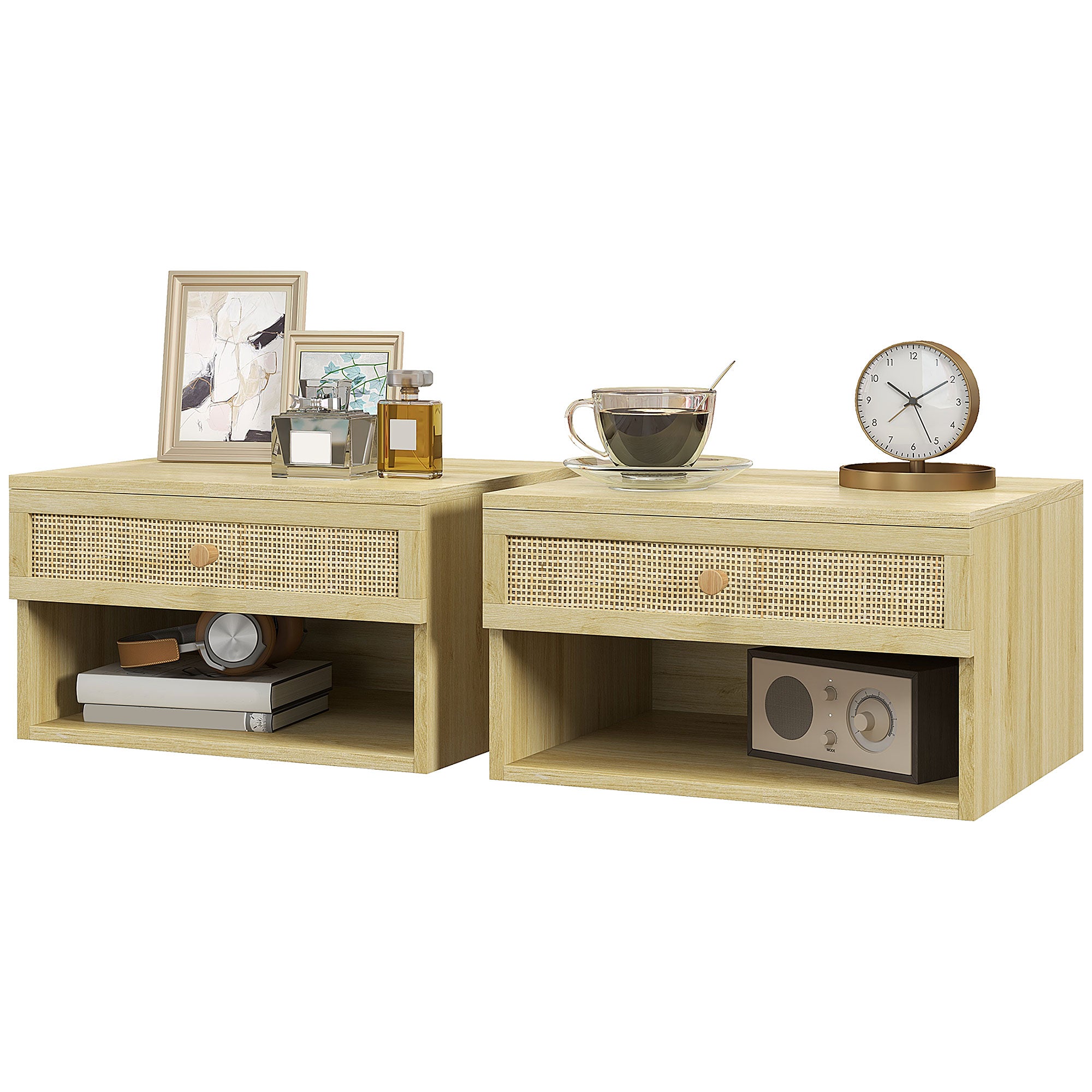 Floating Nightstand Set of 2 - Natural Wood Rattan Nordic Style-Home Furnishings > Bedroom Furniture > Bedside Tables-DECOROLALA