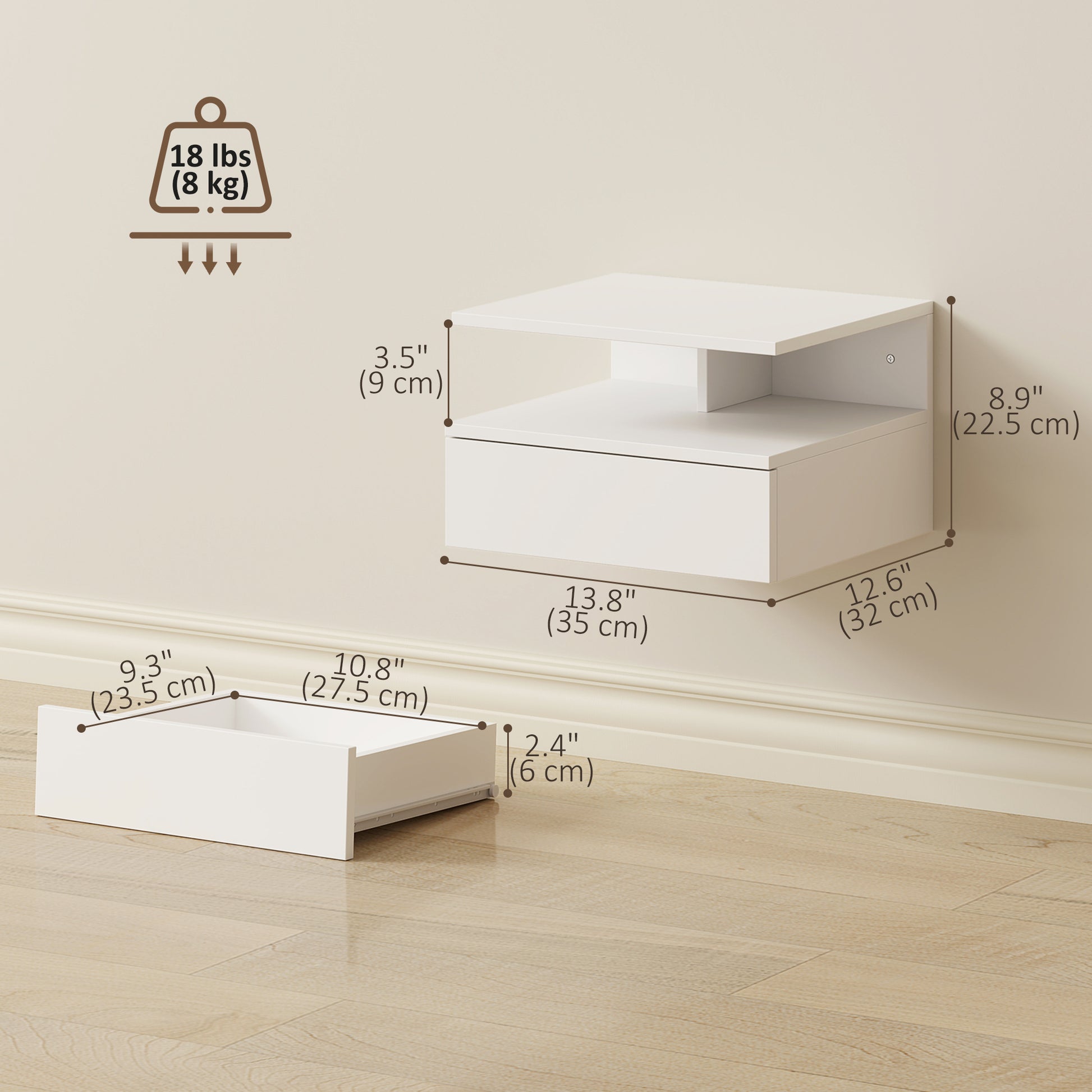 Floating Nightstand Set of 2, Wall Mounted Bedside Table with Drawer and Shelf, Small Night Stand for Bedroom, White-Home Furnishings > Bedroom Furniture > Bedside Tables-DECOROLALA