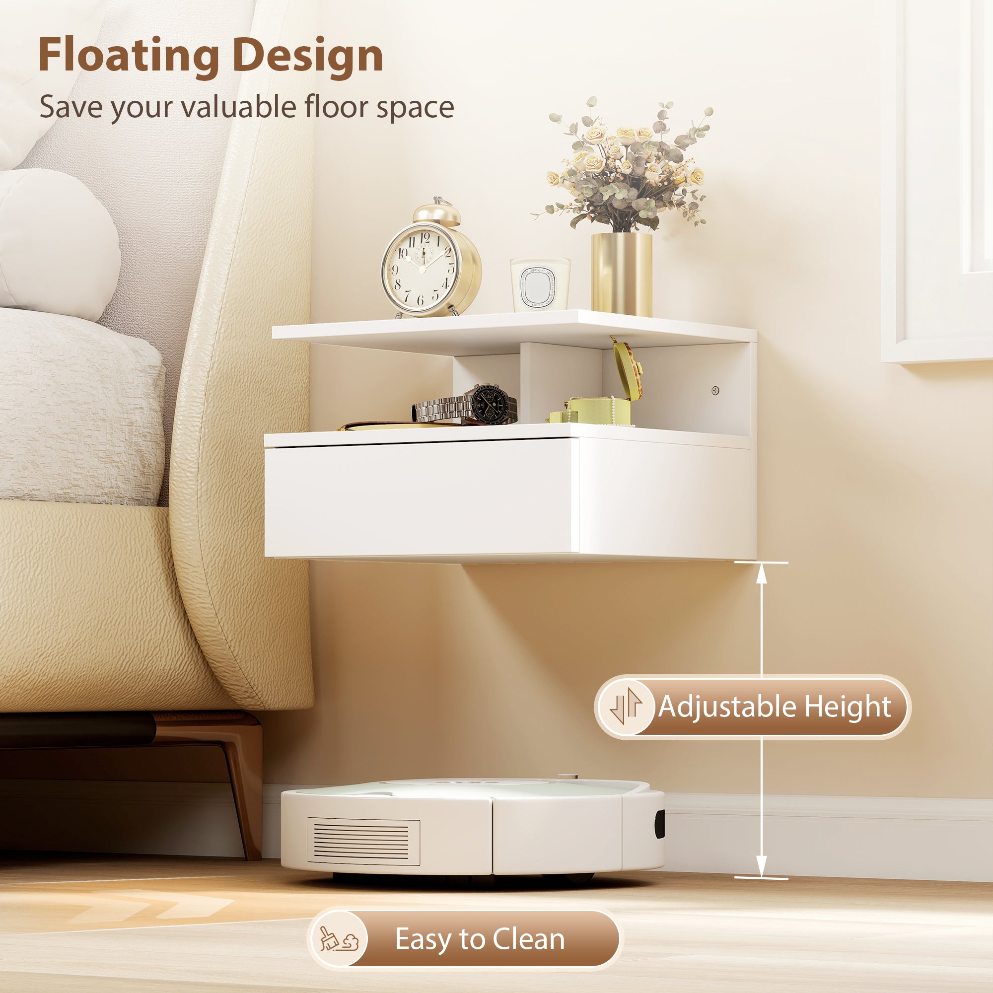Floating Nightstand Set of 2, Wall Mounted Bedside Table with Drawer and Shelf, Small Night Stand for Bedroom, White-Home Furnishings > Bedroom Furniture > Bedside Tables-DECOROLALA