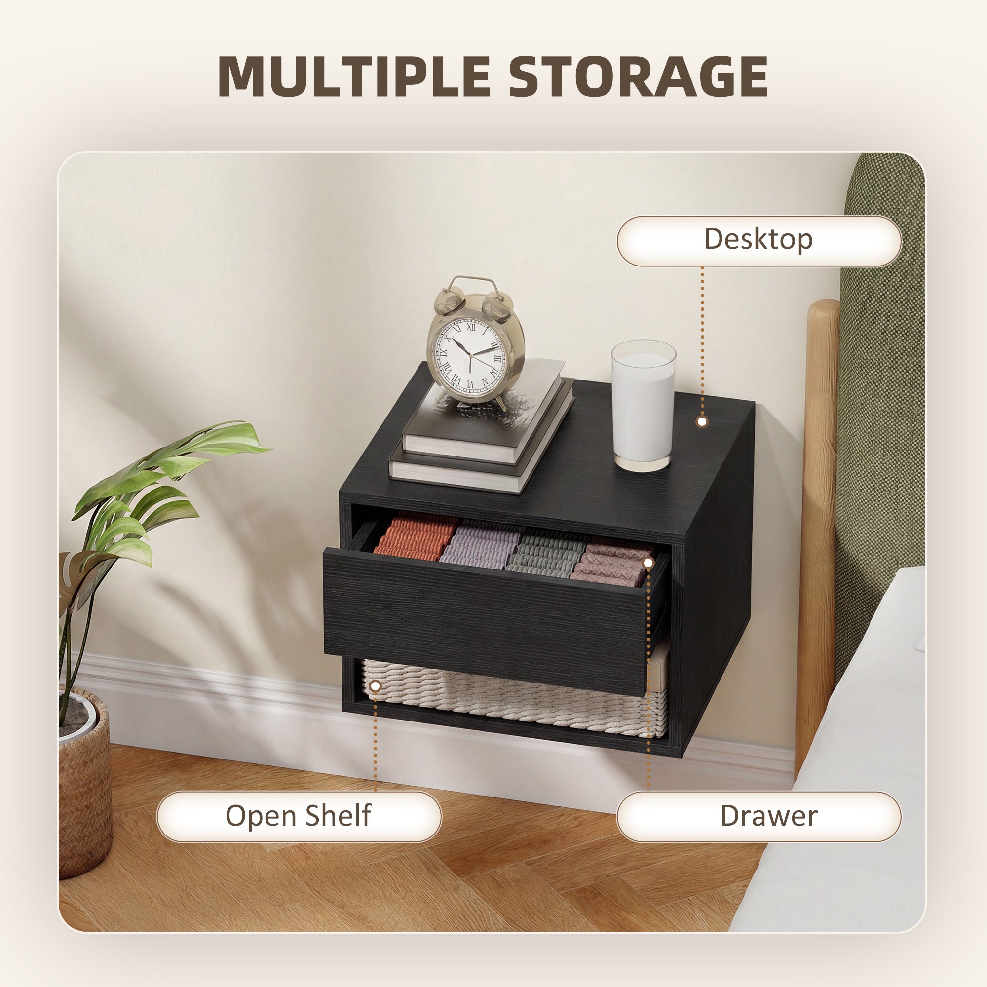 Floating Nightstand Set of 2, Wall Mounted Bedside Table with Drawer for Bedroom Black-Home Furnishings > Bedroom Furniture > Bedside Tables-DECOROLALA