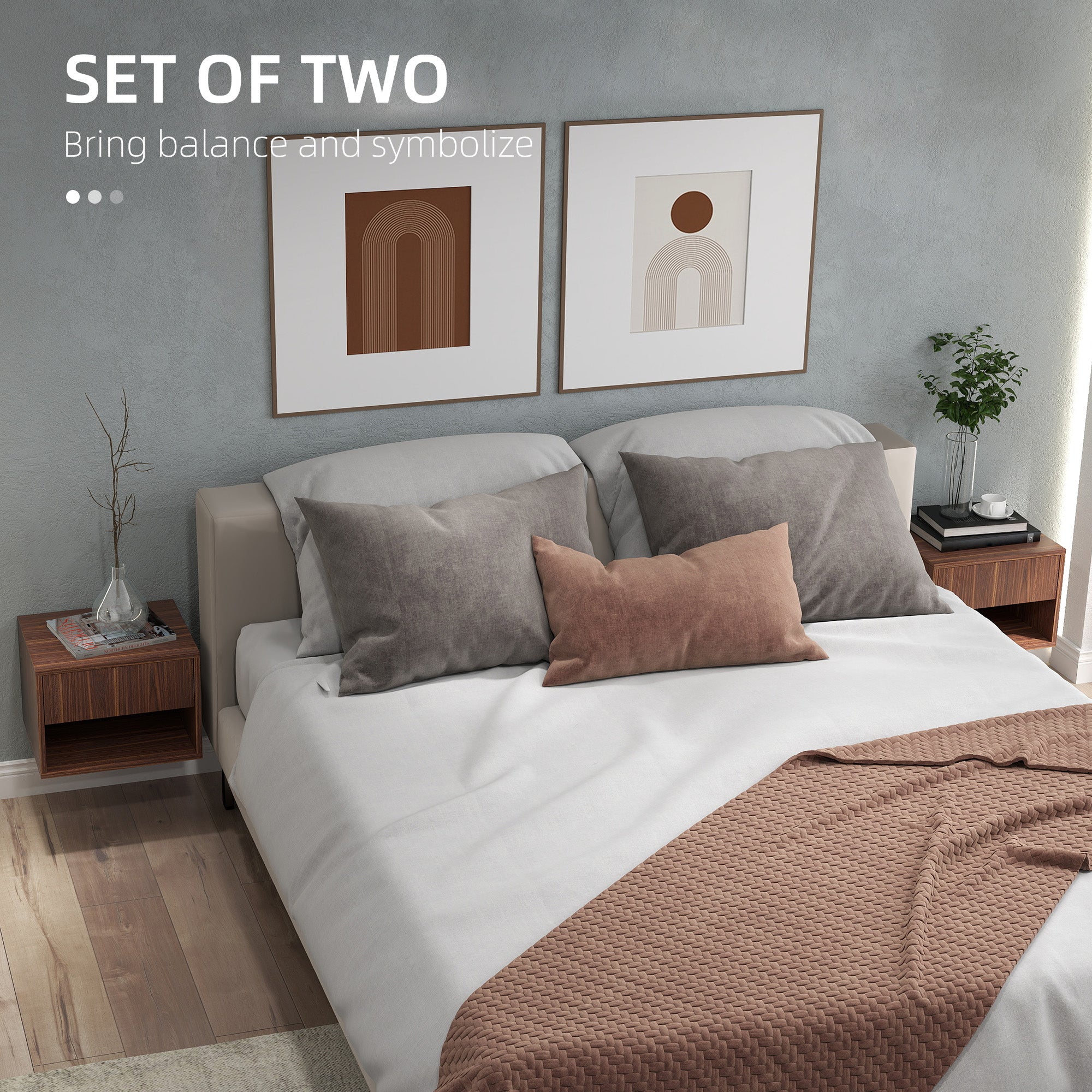 Floating Nightstand Set of 2, Wall Mounted Bedside Table with Drawer for Bedroom, Brown-Home Furnishings > Bedroom Furniture > Bedside Tables-DECOROLALA