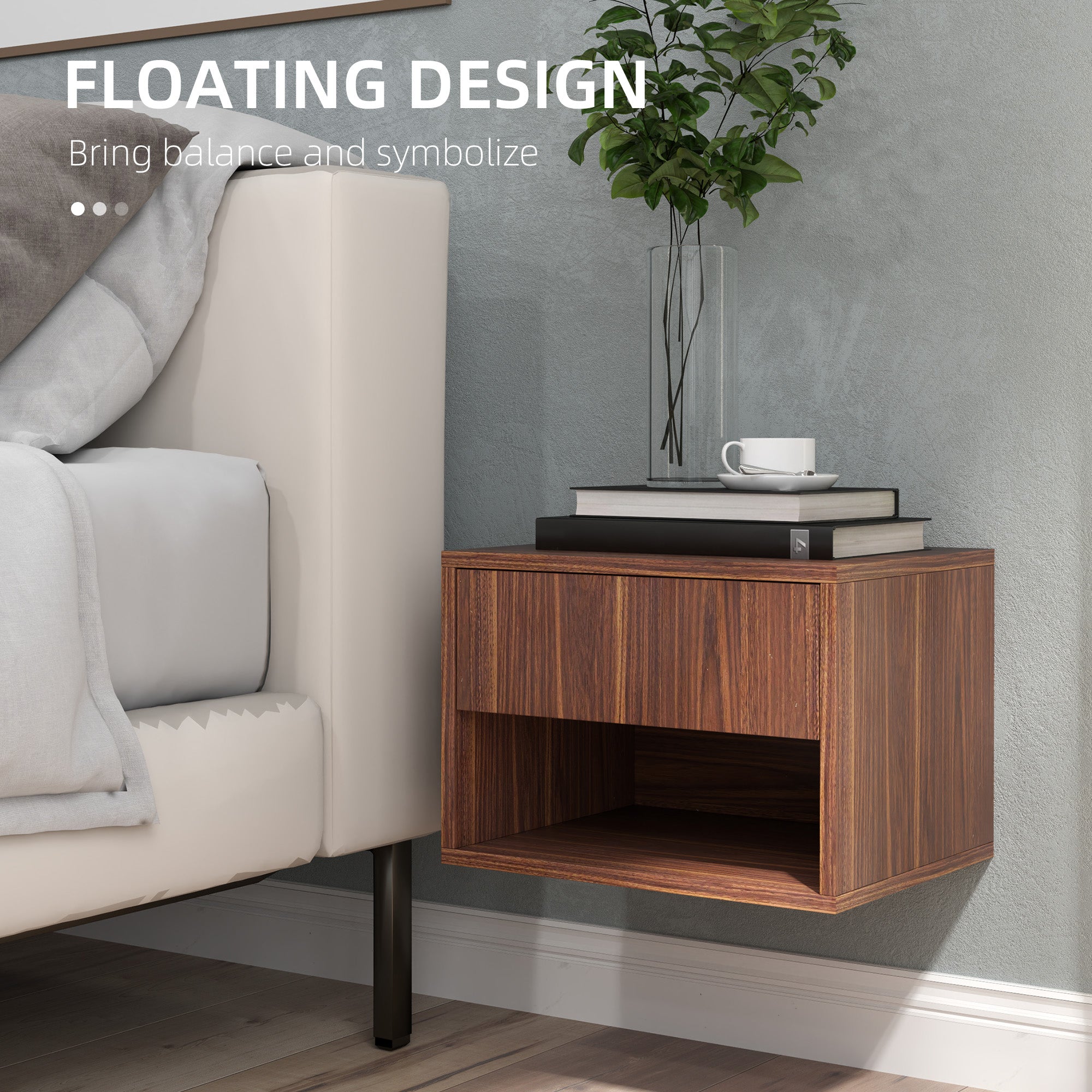 Floating Nightstand Set of 2, Wall Mounted Bedside Table with Drawer for Bedroom, Brown-Home Furnishings > Bedroom Furniture > Bedside Tables-DECOROLALA