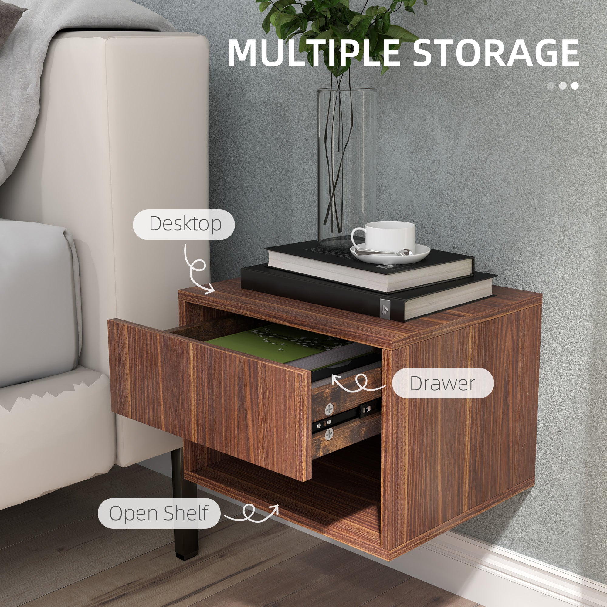 Floating Nightstand Set of 2, Wall Mounted Bedside Table with Drawer for Bedroom, Brown-Home Furnishings > Bedroom Furniture > Bedside Tables-DECOROLALA