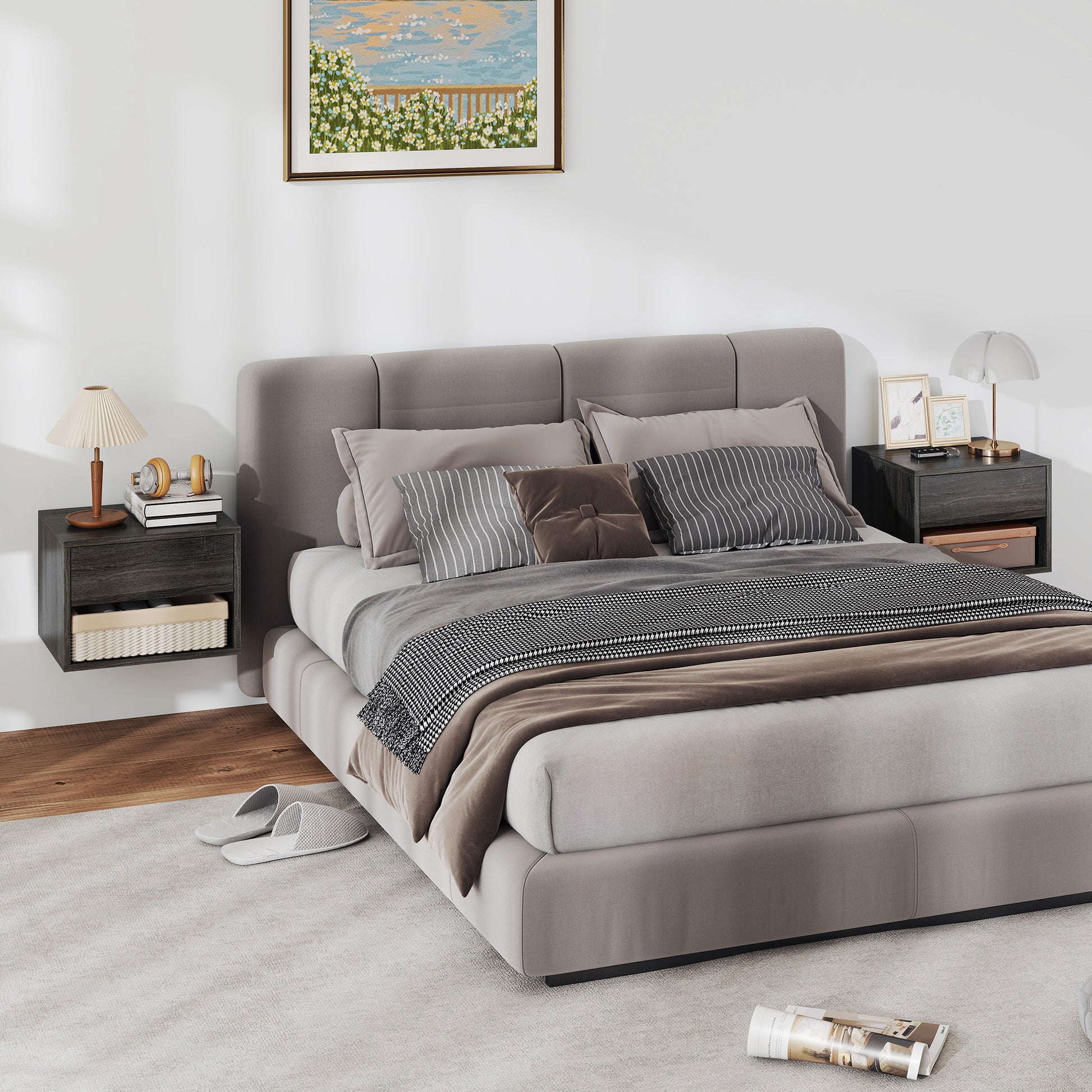 Floating Nightstand Set of 2, Wall Mounted Bedside Table with Drawer for Bedroom, Grey-Home Furnishings > Bedroom Furniture > Bedside Tables-DECOROLALA
