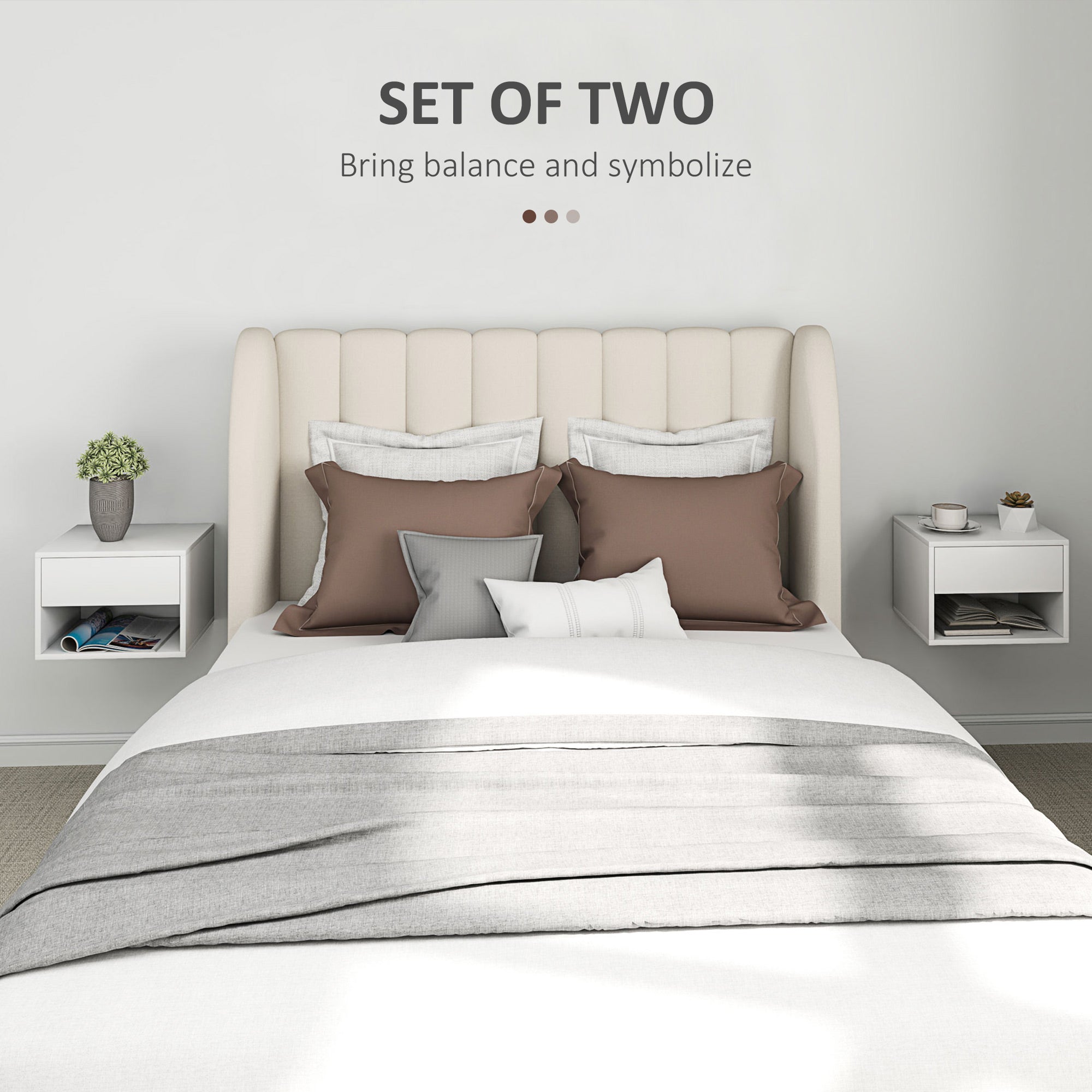 Floating Nightstand Set of 2, Wall Mounted Bedside Table with Drawer for Bedroom, White-Home Furnishings > Bedroom Furniture > Bedside Tables-DECOROLALA