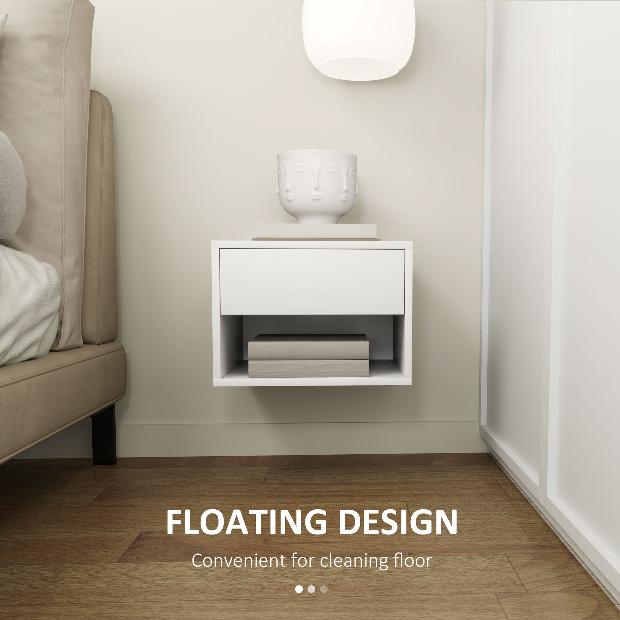 Floating Nightstand Set of 2, Wall Mounted Bedside Table with Drawer for Bedroom, White-Home Furnishings > Bedroom Furniture > Bedside Tables-DECOROLALA