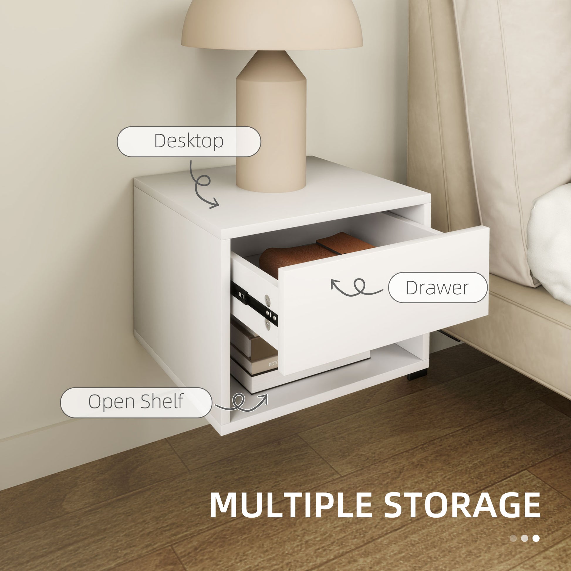 Floating Nightstand Set of 2, Wall Mounted Bedside Table with Drawer for Bedroom, White-Home Furnishings > Bedroom Furniture > Bedside Tables-DECOROLALA