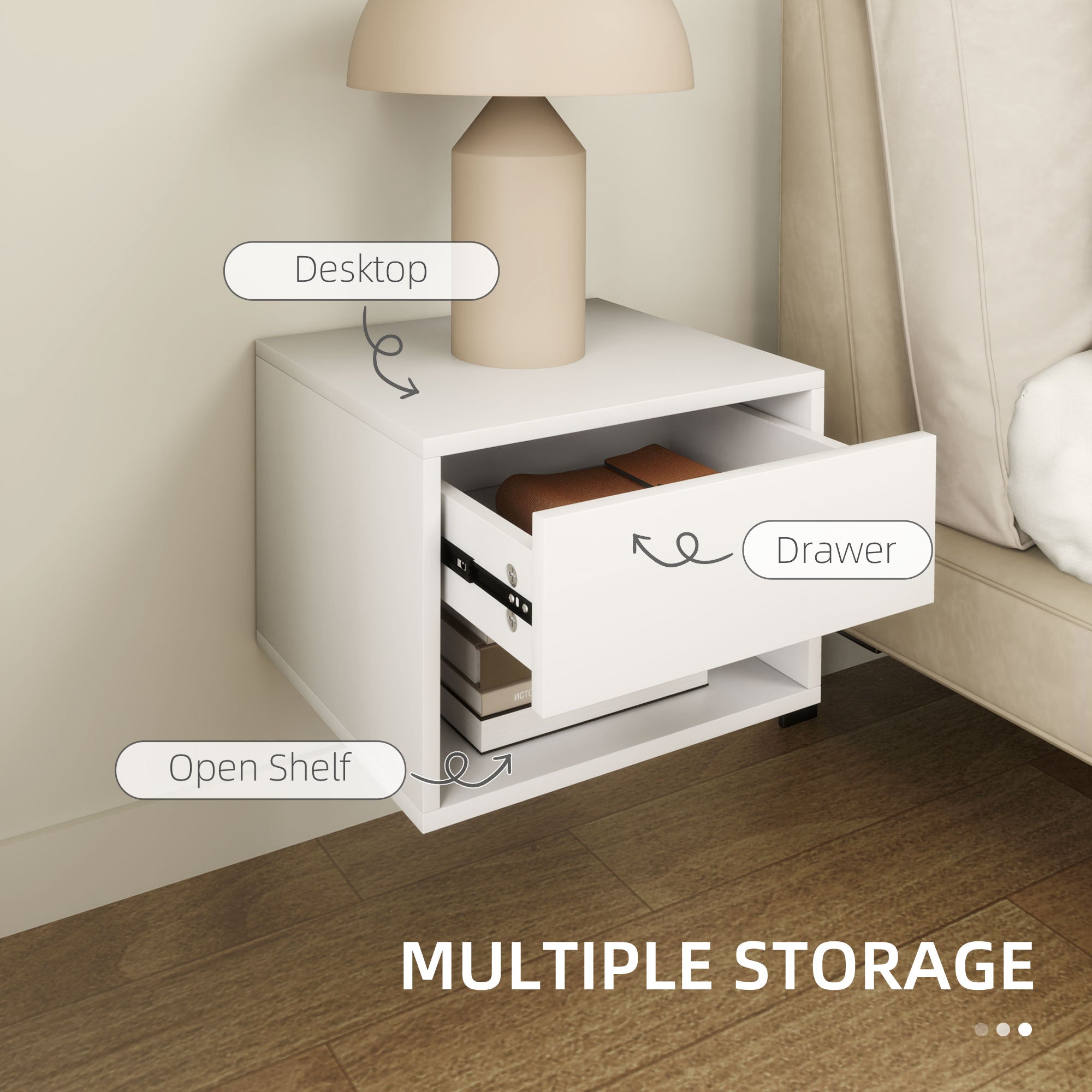Floating Nightstand Set of 2, Wall Mounted Bedside Table with Drawer for Bedroom, White-Home Furnishings > Bedroom Furniture > Bedside Tables-DECOROLALA