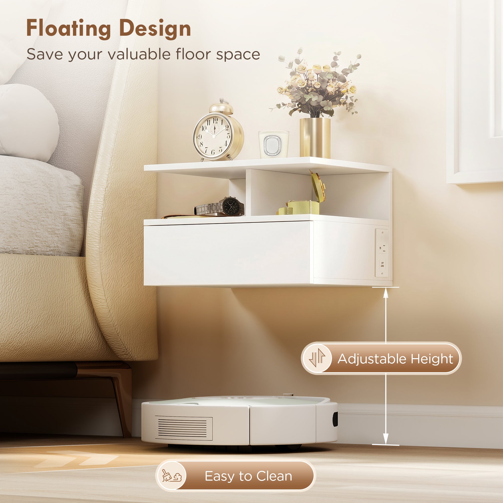 Floating Nightstand Set of 2, Wall Mounted Bedside Table with with Power Outlets, Drawer and Shelf, White-Home Furnishings > Bedroom Furniture > Bedside Tables-DECOROLALA