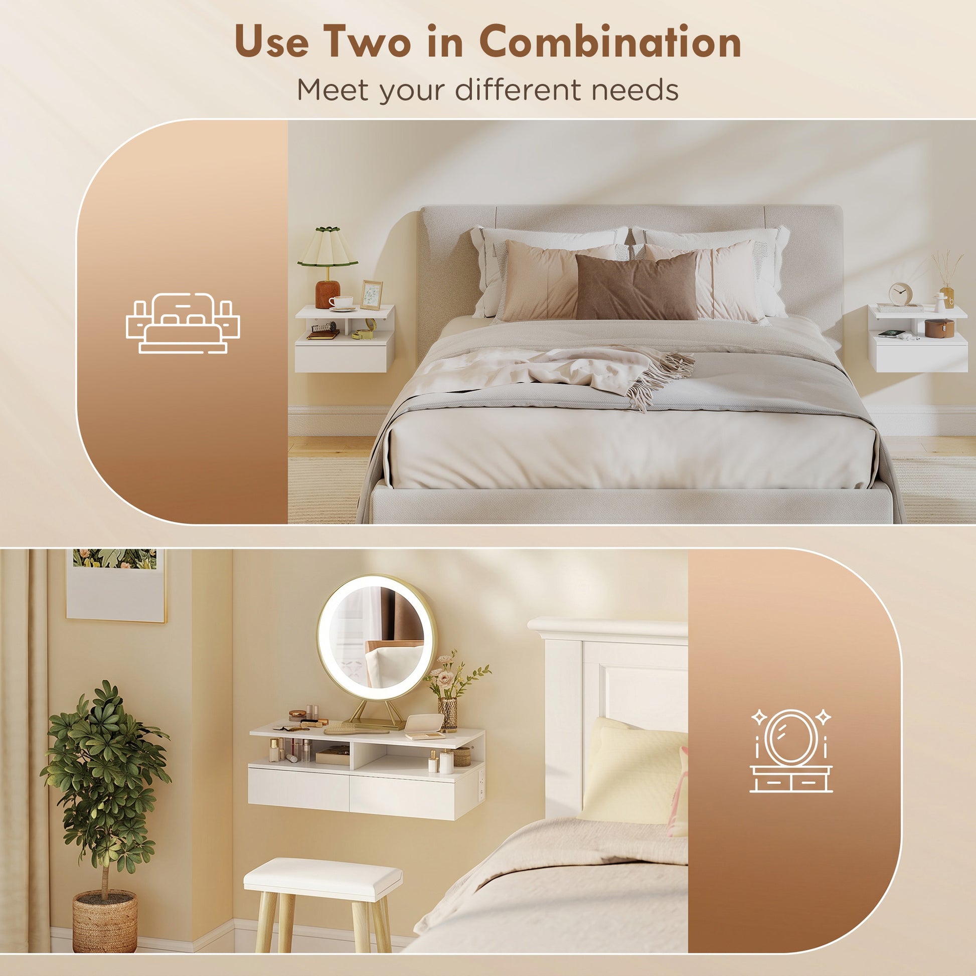 Floating Nightstand Set of 2, Wall Mounted Bedside Table with with Power Outlets, Drawer and Shelf, White-Home Furnishings > Bedroom Furniture > Bedside Tables-DECOROLALA