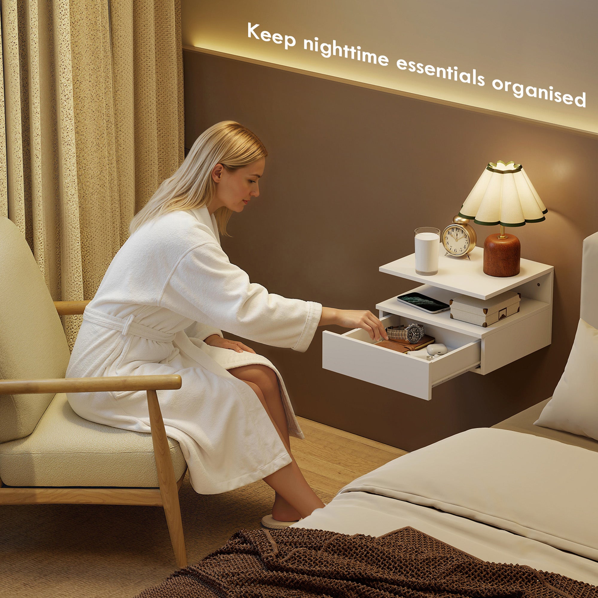 Floating Nightstand Set of 2, Wall Mounted Bedside Table with with Power Outlets, Drawer and Shelf, White-Home Furnishings > Bedroom Furniture > Bedside Tables-DECOROLALA