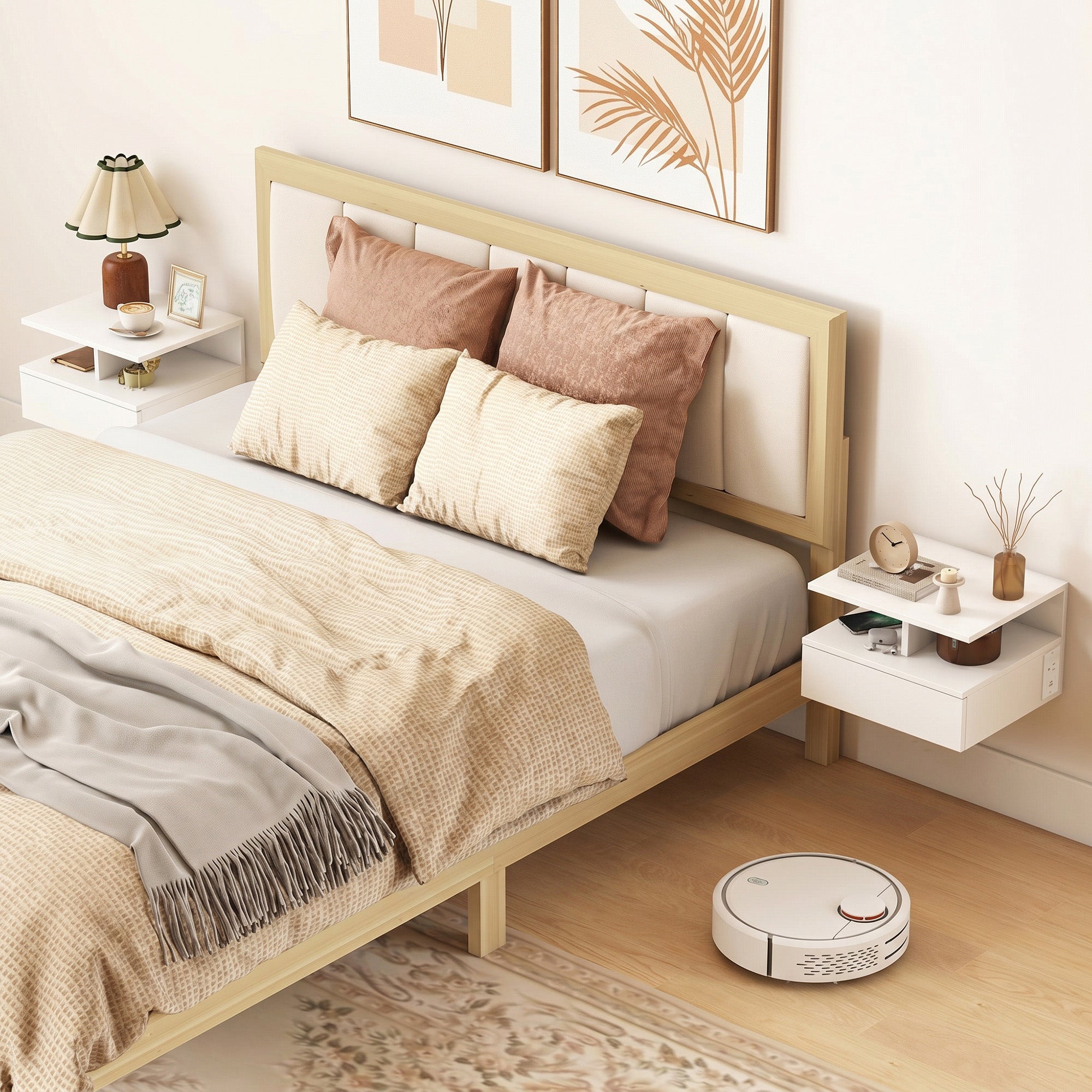 Floating Nightstand Set of 2, Wall Mounted Bedside Table with with Power Outlets, Drawer and Shelf, White-Home Furnishings > Bedroom Furniture > Bedside Tables-DECOROLALA
