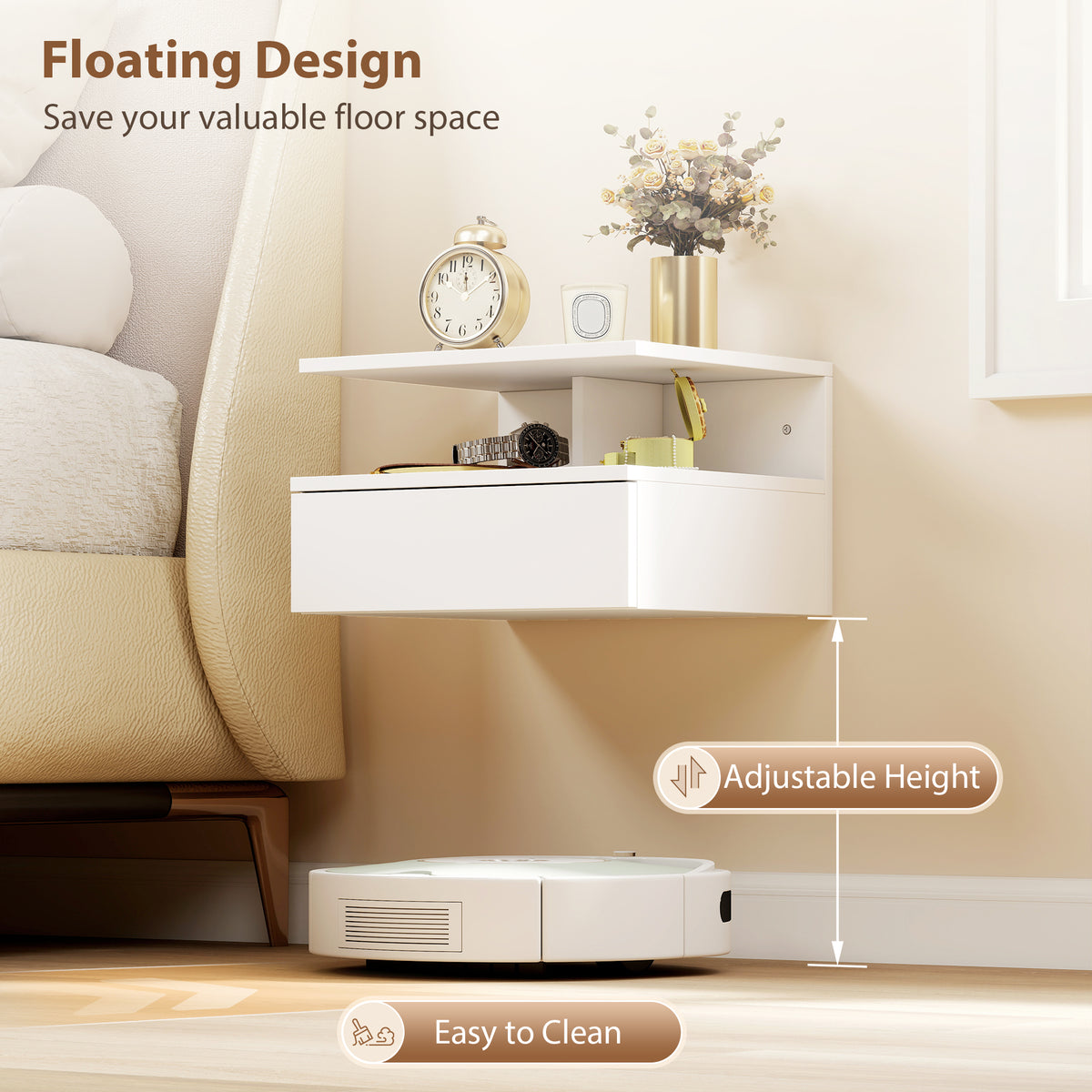 Floating Nightstand Set of 2 - White Wall Mounted Bedside Table-Home Furnishings > Bedroom Furniture > Bedside Tables-DECOROLALA