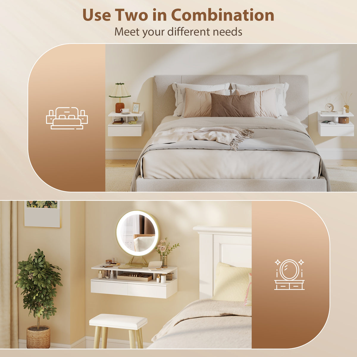 Floating Nightstand Set of 2 - White Wall Mounted Bedside Table-Home Furnishings > Bedroom Furniture > Bedside Tables-DECOROLALA