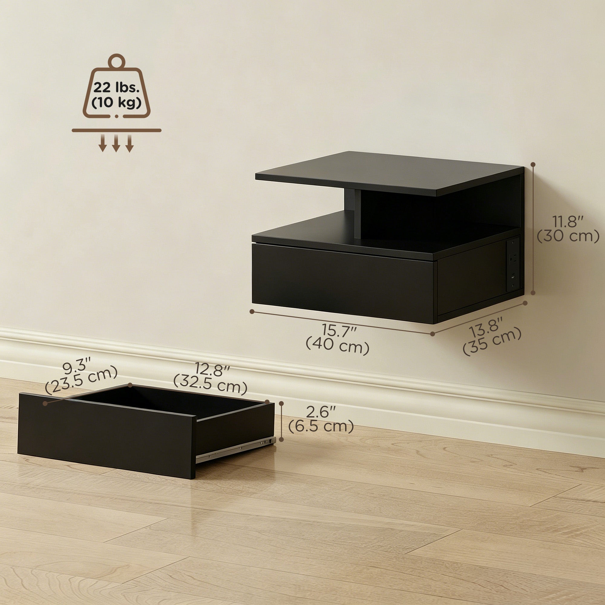 Floating Nightstand Set of 2 with Power Outlets - Black-Home Furnishings > Bedroom Furniture > Bedside Tables-DECOROLALA
