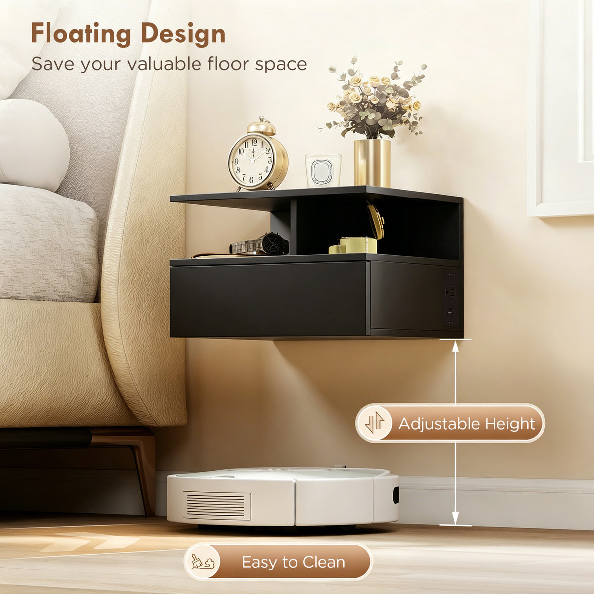 Floating Nightstand Set of 2 with Power Outlets - Black-Home Furnishings > Bedroom Furniture > Bedside Tables-DECOROLALA