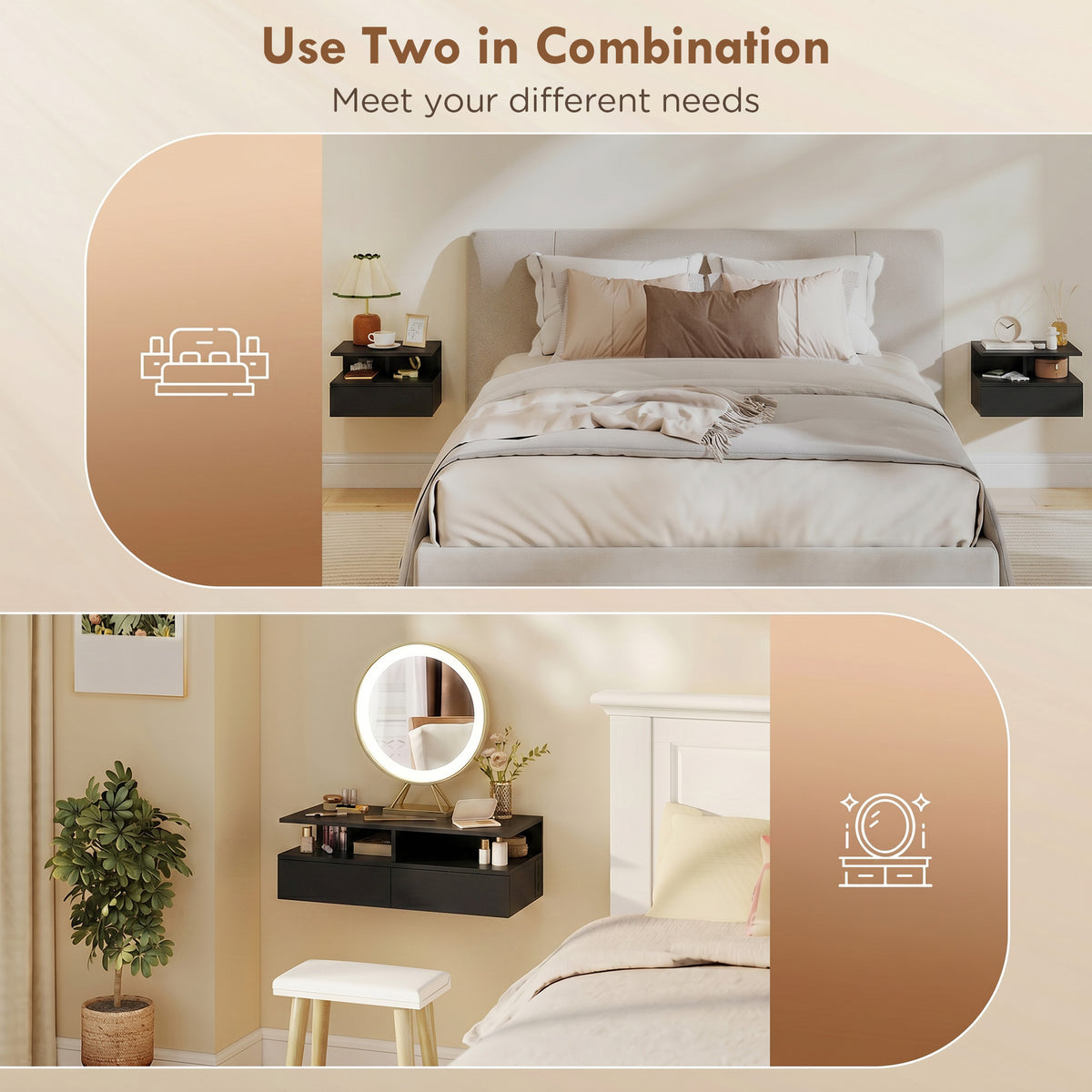 Floating Nightstand Set of 2 with Power Outlets - Black-Home Furnishings > Bedroom Furniture > Bedside Tables-DECOROLALA