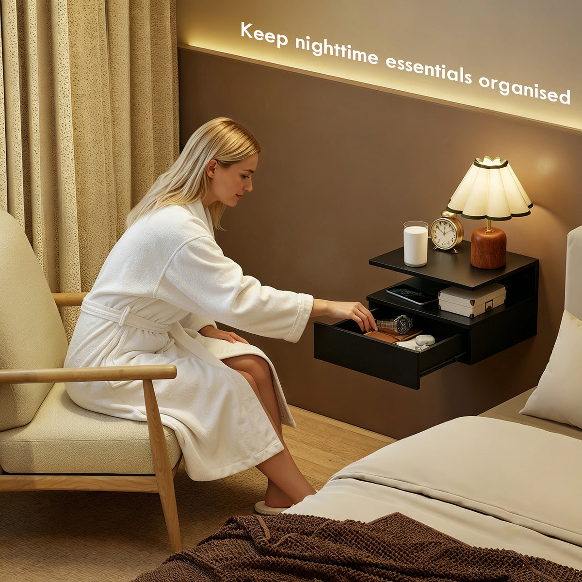 Floating Nightstand Set of 2 with Power Outlets - Black-Home Furnishings > Bedroom Furniture > Bedside Tables-DECOROLALA
