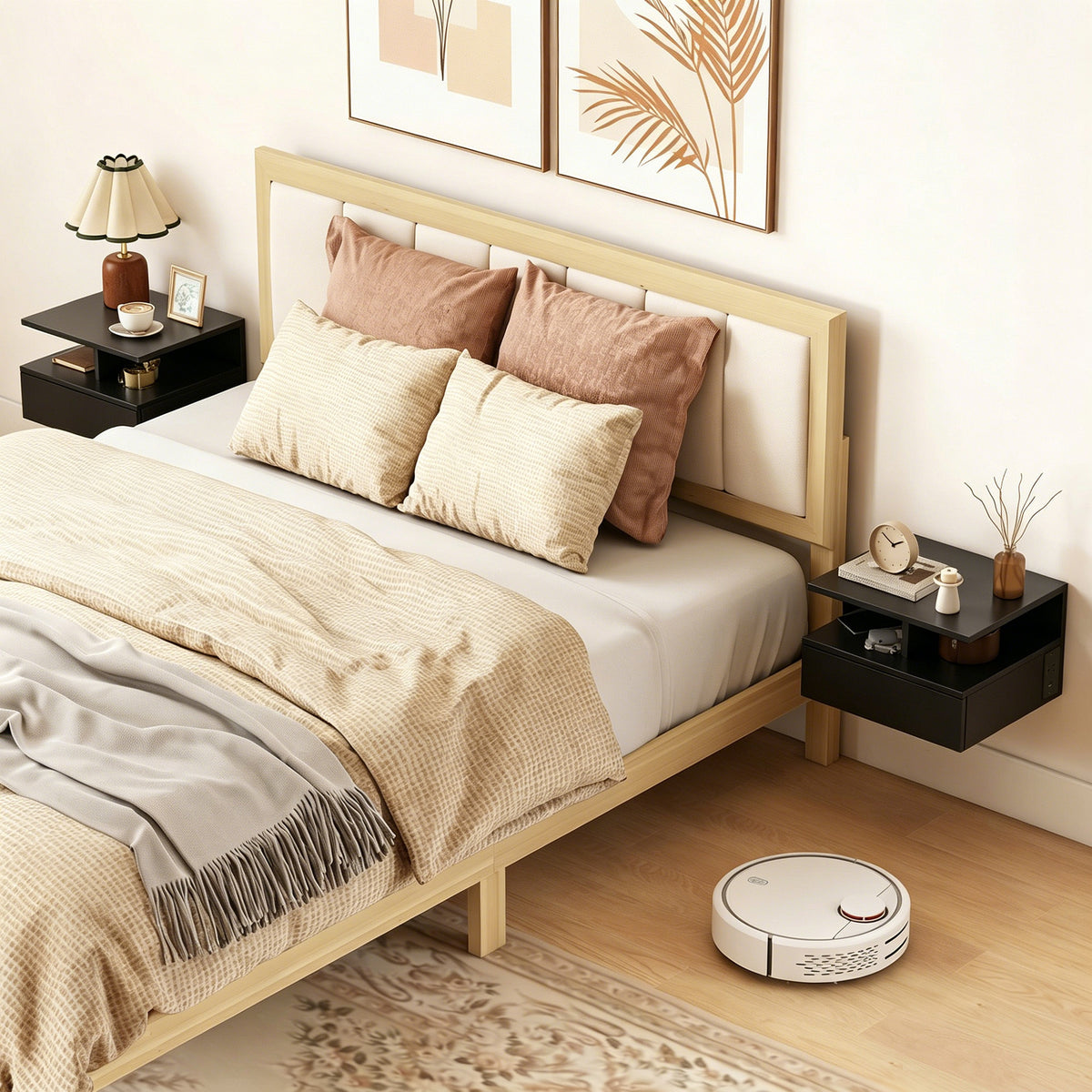 Floating Nightstand Set of 2 with Power Outlets - Black-Home Furnishings > Bedroom Furniture > Bedside Tables-DECOROLALA