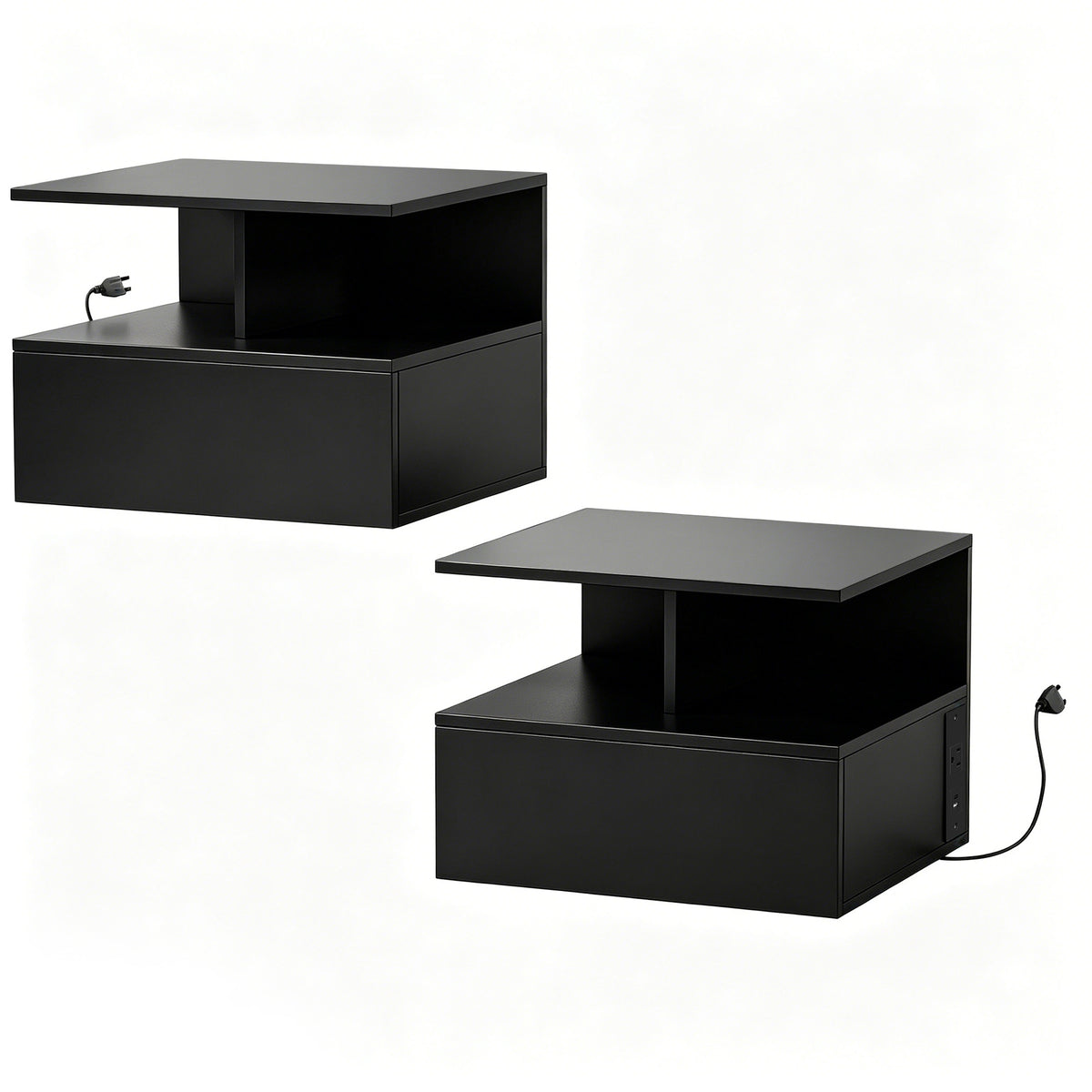 Floating Nightstand Set of 2 with Power Outlets - Black-Home Furnishings > Bedroom Furniture > Bedside Tables-DECOROLALA