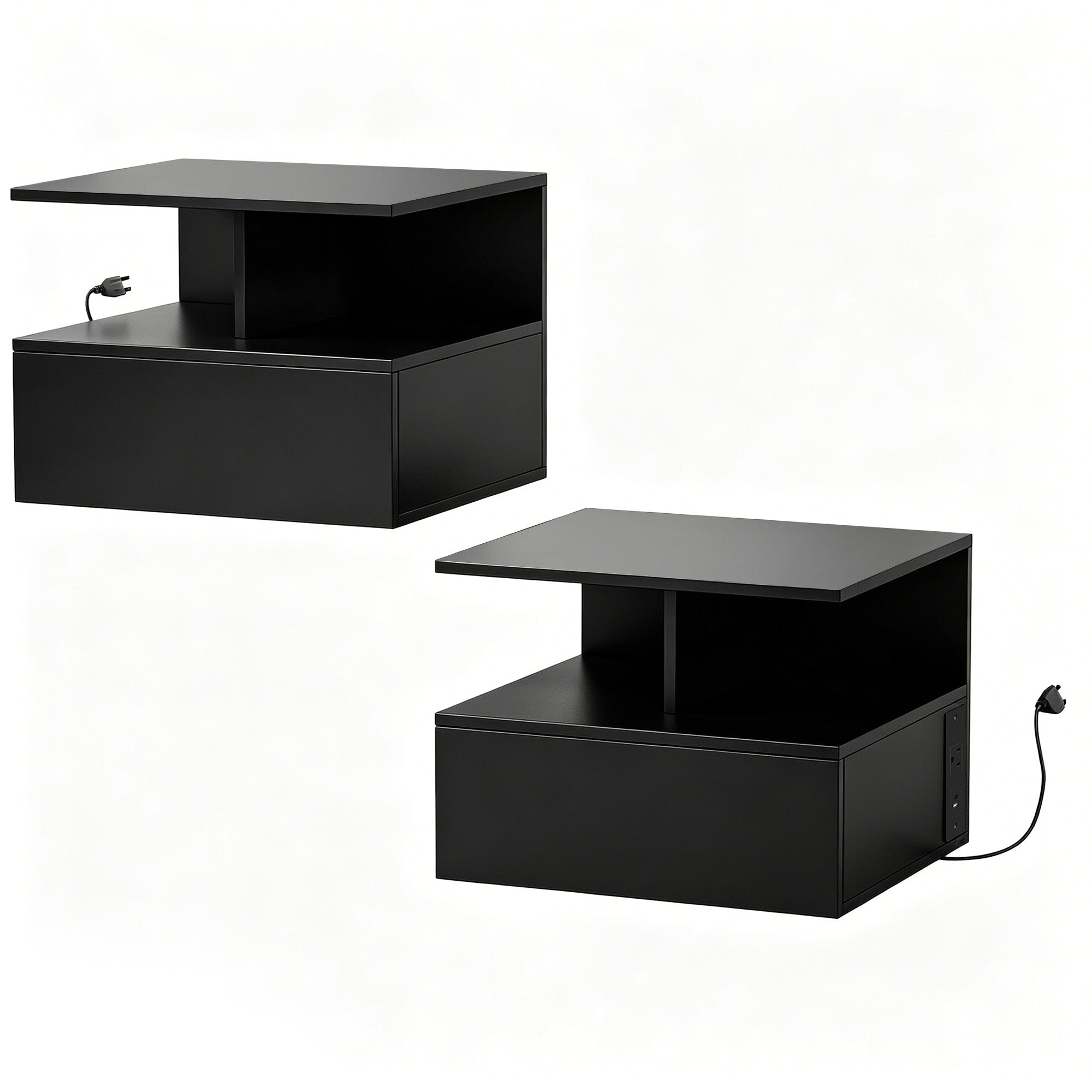 Floating Nightstand Set of 2 with Power Outlets - Black-Home Furnishings > Bedroom Furniture > Bedside Tables-DECOROLALA
