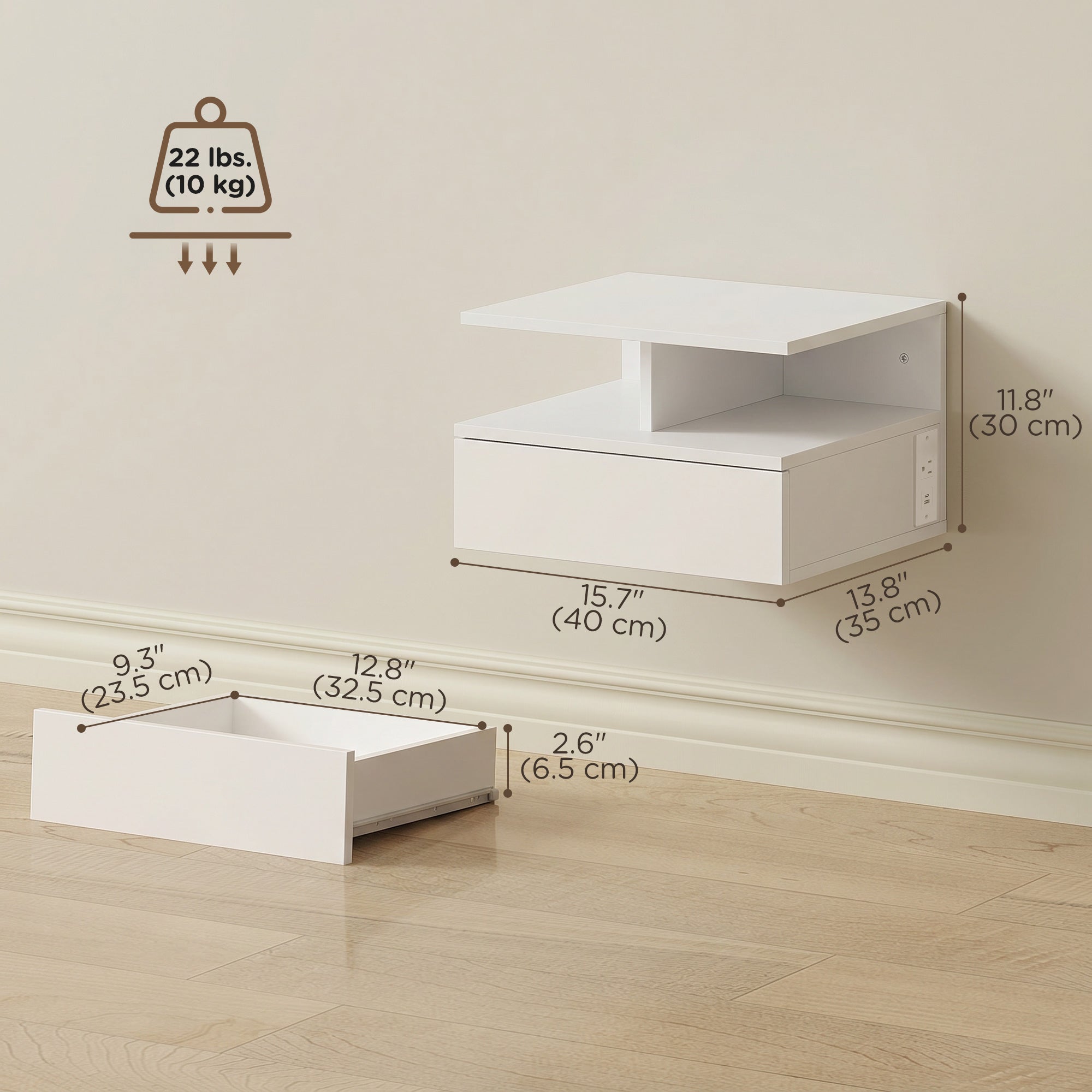 Floating Nightstand Set of 2 with Power Outlets - White-Home Furnishings > Bedroom Furniture > Bedside Tables-DECOROLALA