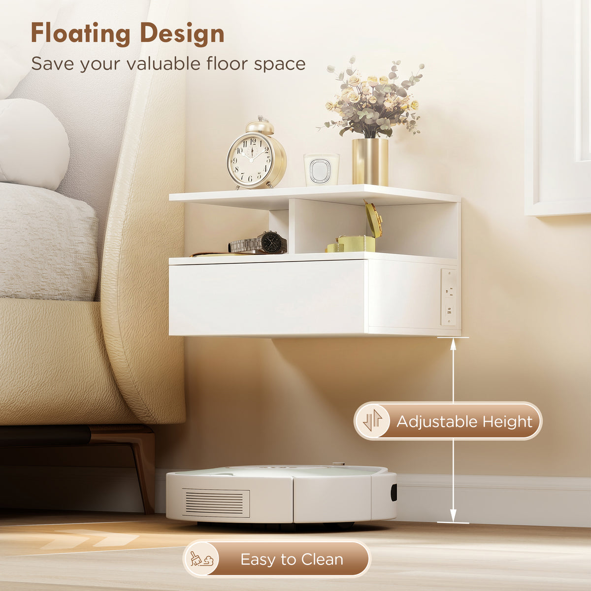 Floating Nightstand Set of 2 with Power Outlets - White-Home Furnishings > Bedroom Furniture > Bedside Tables-DECOROLALA