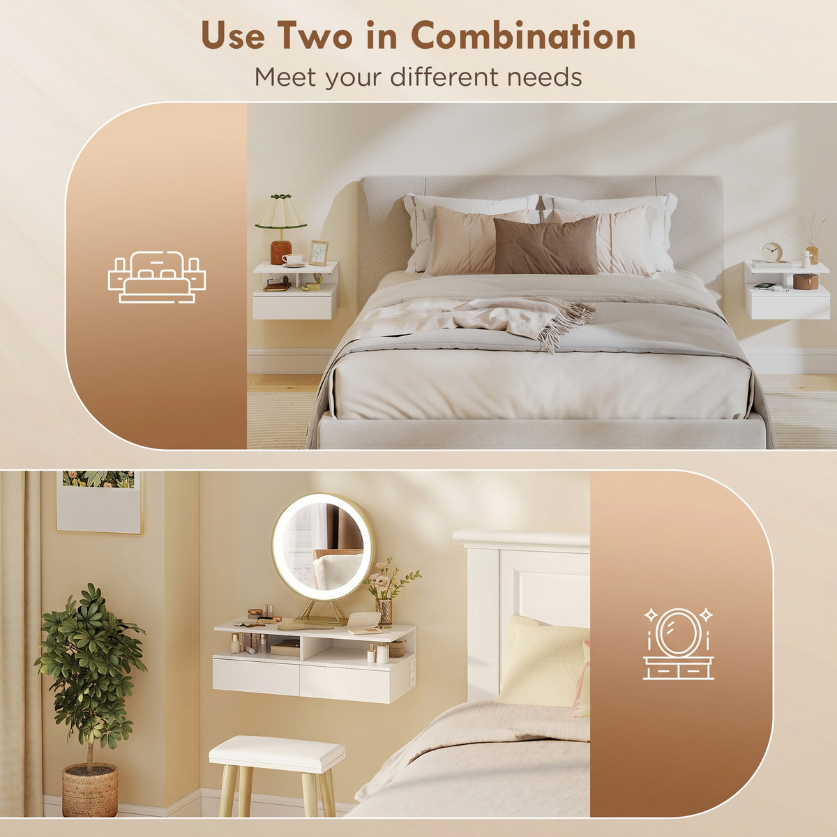 Floating Nightstand Set of 2 with Power Outlets - White-Home Furnishings > Bedroom Furniture > Bedside Tables-DECOROLALA