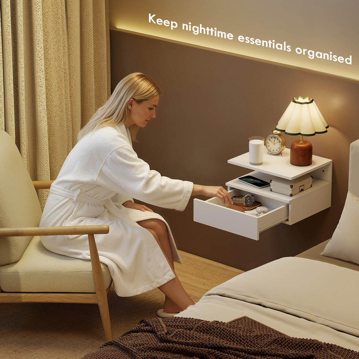 Floating Nightstand Set of 2 with Power Outlets - White-Home Furnishings > Bedroom Furniture > Bedside Tables-DECOROLALA
