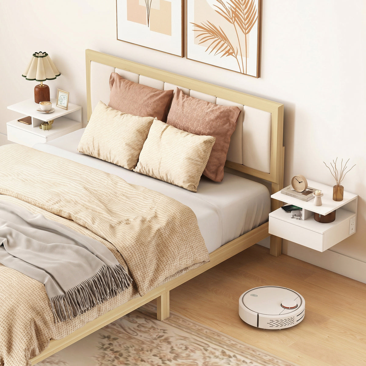 Floating Nightstand Set of 2 with Power Outlets - White-Home Furnishings > Bedroom Furniture > Bedside Tables-DECOROLALA