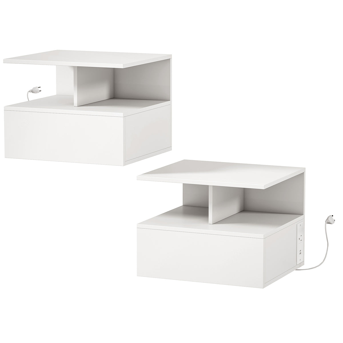 Floating Nightstand Set of 2 with Power Outlets - White-Home Furnishings > Bedroom Furniture > Bedside Tables-DECOROLALA
