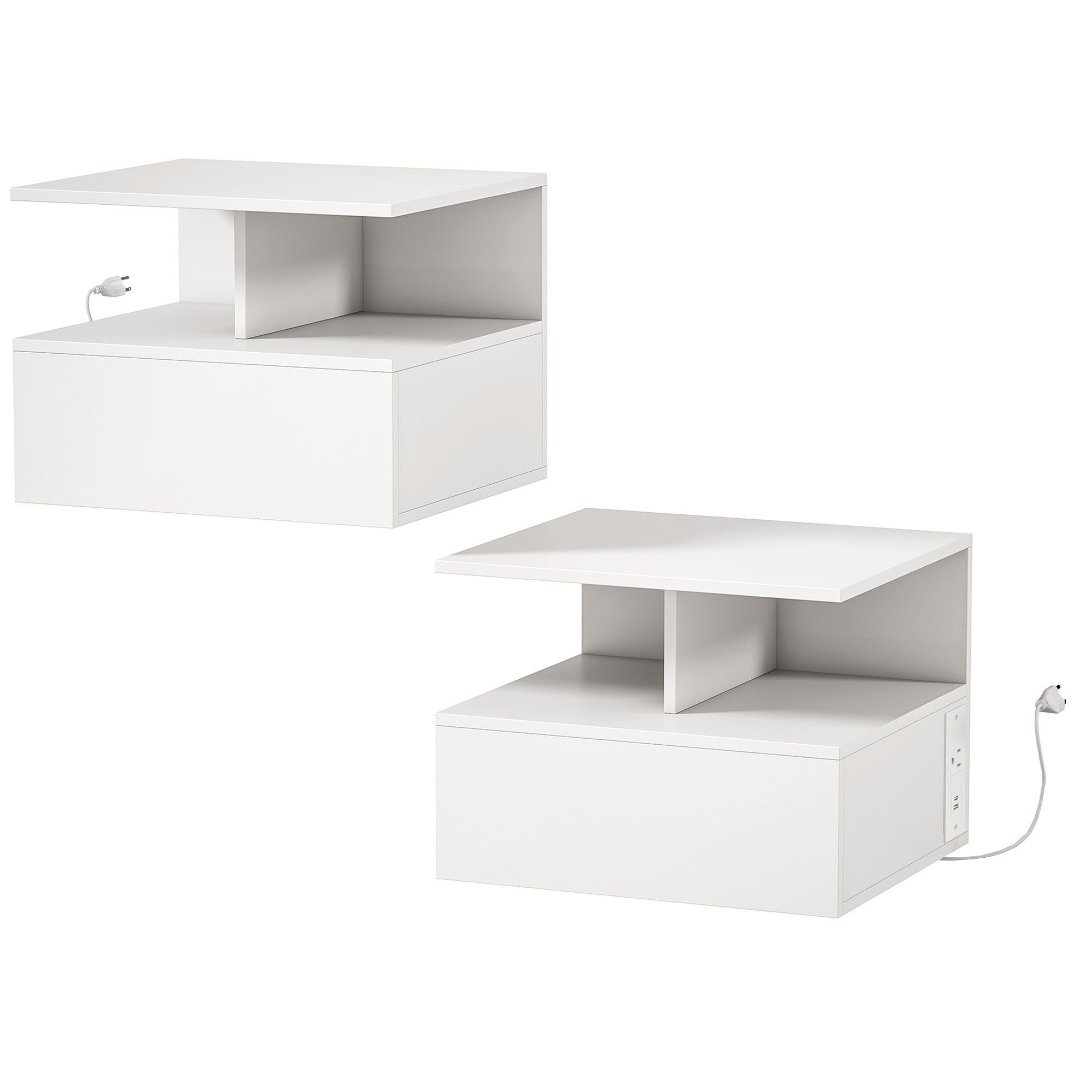 Floating Nightstand Set of 2 with Power Outlets - White-Home Furnishings > Bedroom Furniture > Bedside Tables-DECOROLALA