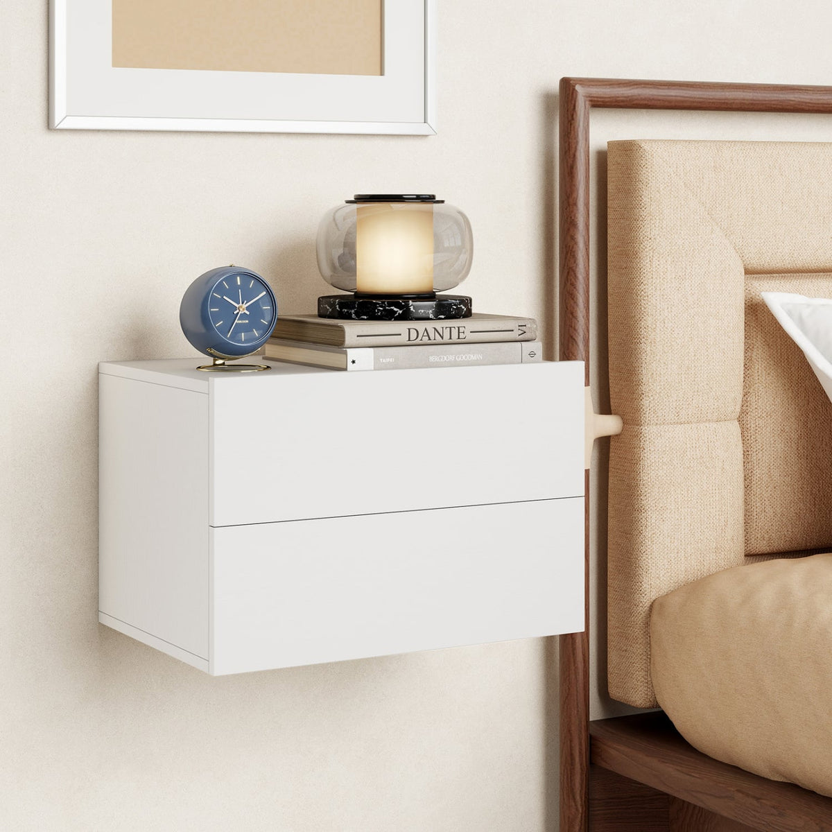 Floating Nightstand with 2 Storage Drawers Wall Mounted for Bedroom-White-Nightstands-DECOROLALA