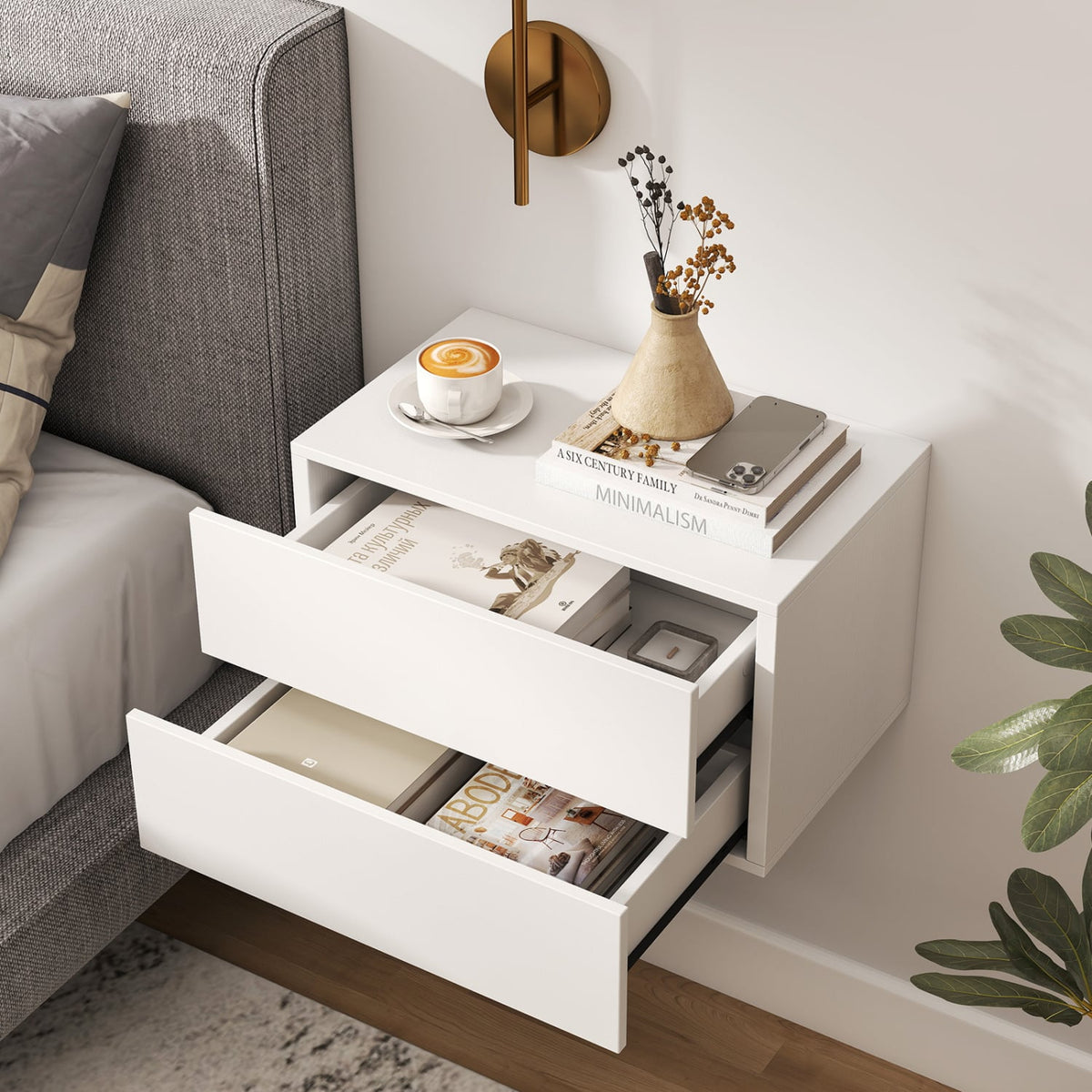 Floating Nightstand with 2 Storage Drawers Wall Mounted for Bedroom-White-Nightstands-DECOROLALA
