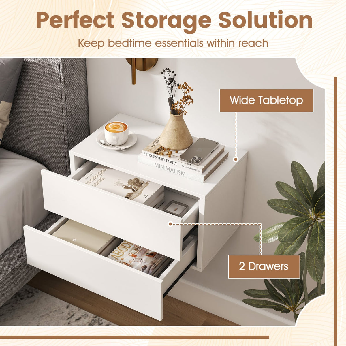 Floating Nightstand with 2 Storage Drawers Wall Mounted for Bedroom-White-Nightstands-DECOROLALA