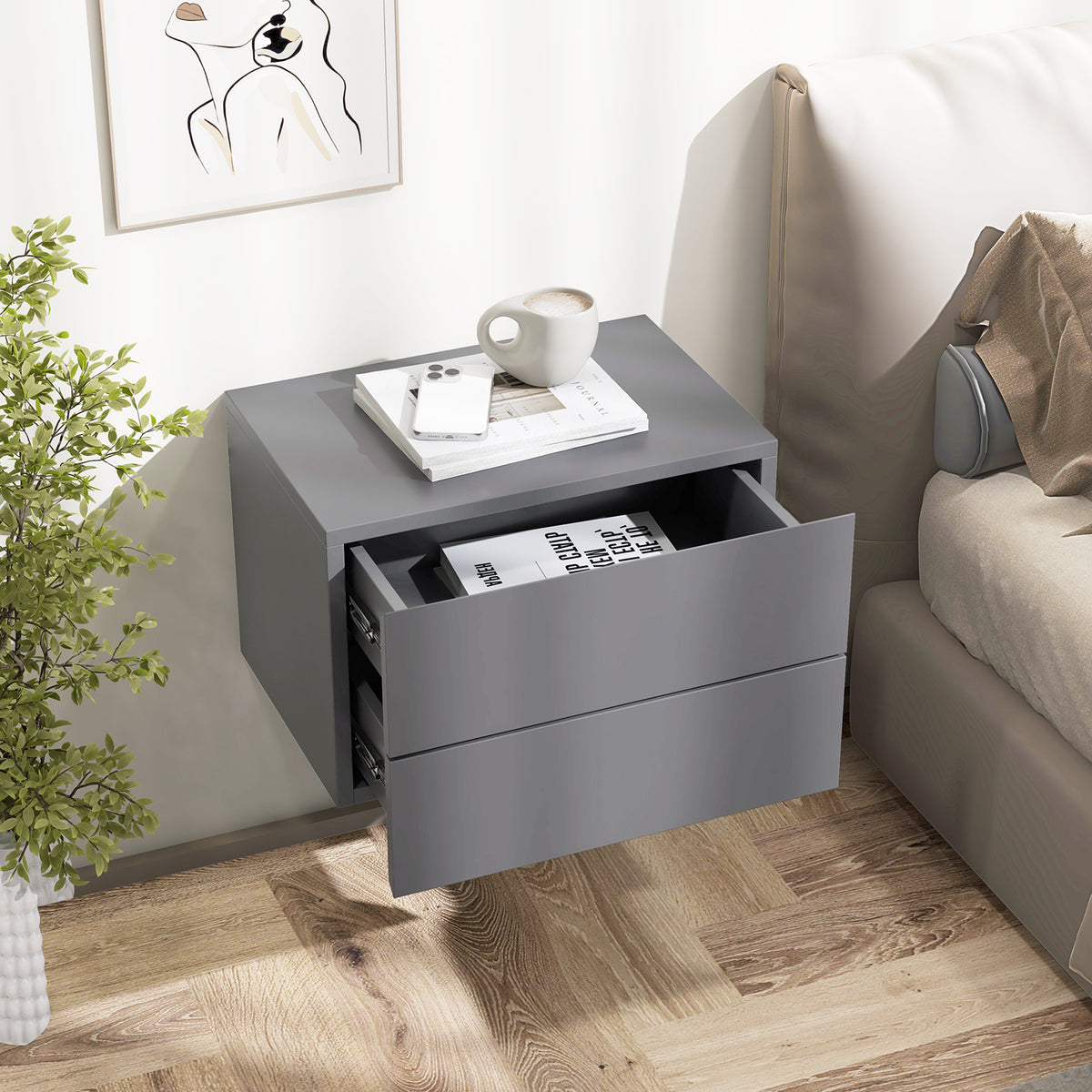 Floating Nightstand with Drawers and Storage Shelf-Gray-Nightstands-DECOROLALA