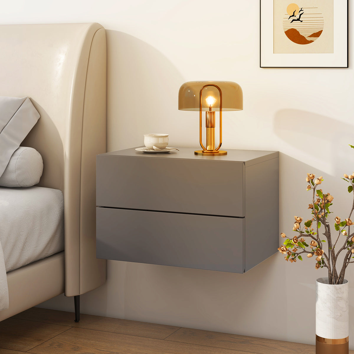 Floating Nightstand with Drawers and Storage Shelf-Gray-Nightstands-DECOROLALA