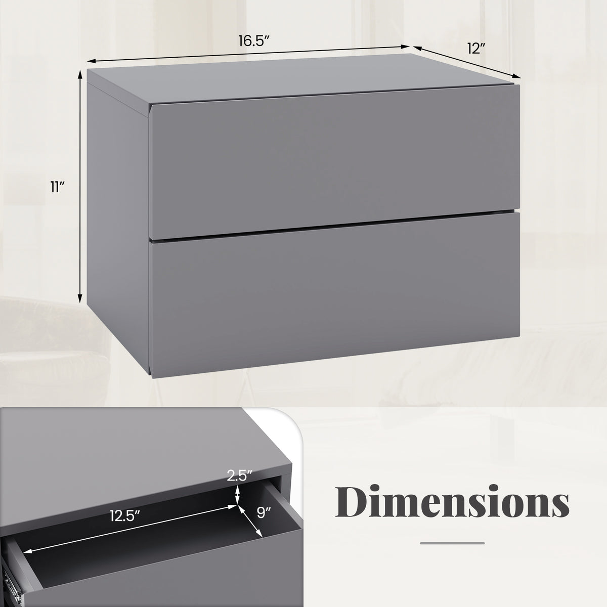 Floating Nightstand with Drawers and Storage Shelf-Gray-Nightstands-DECOROLALA