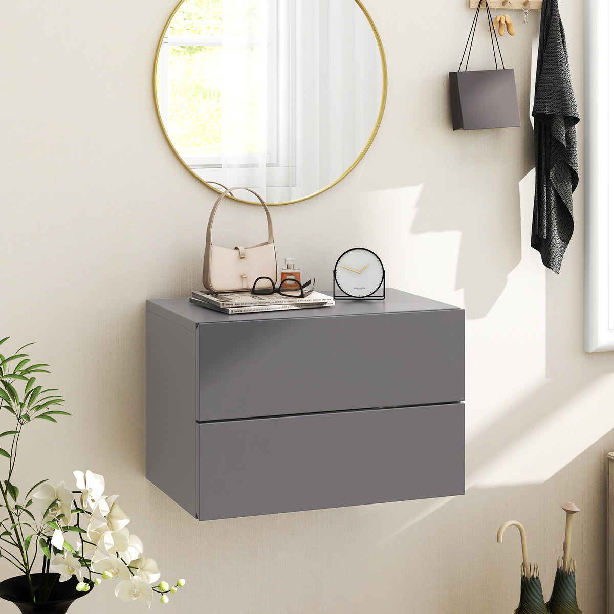 Floating Nightstand with Drawers and Storage Shelf-Gray-Nightstands-DECOROLALA