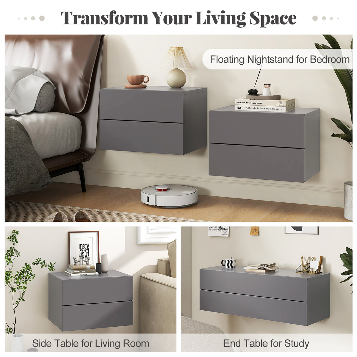 Floating Nightstand with Drawers and Storage Shelf-Gray-Nightstands-DECOROLALA