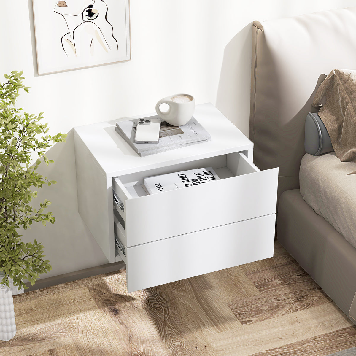 Floating Nightstand with Drawers and Storage Shelf-White-Nightstands-DECOROLALA