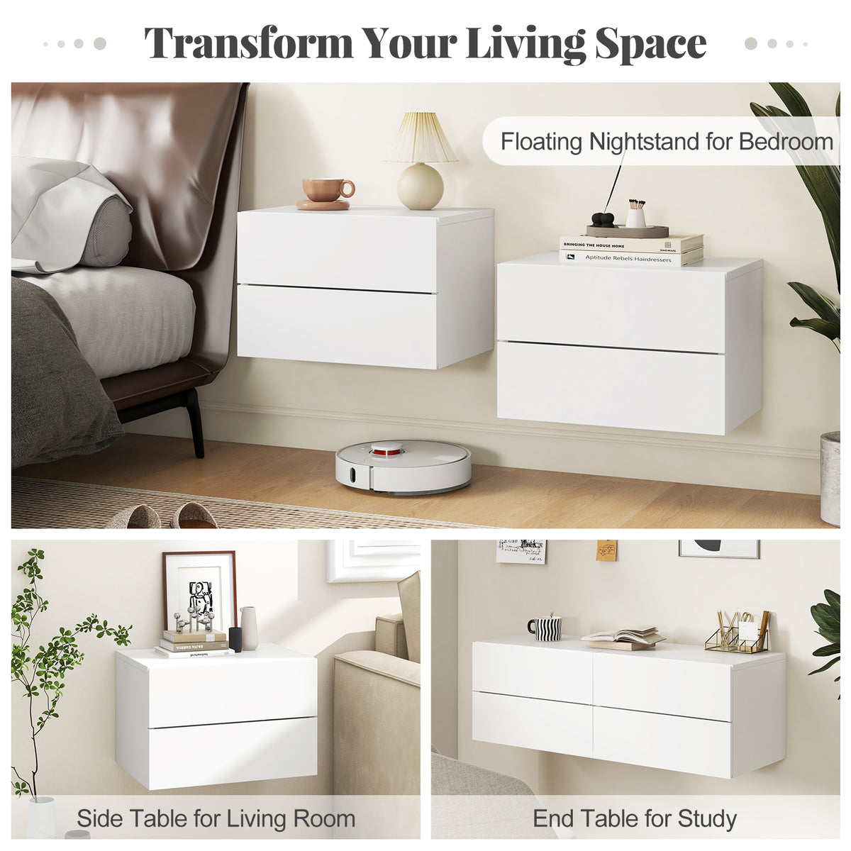 Floating Nightstand with Drawers and Storage Shelf-White-Nightstands-DECOROLALA