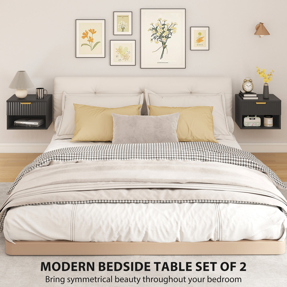 Floating Nightstands Set of 2 - Black with Gold Handle-Home Furnishings > Bedroom Furniture > Bedside Tables-DECOROLALA