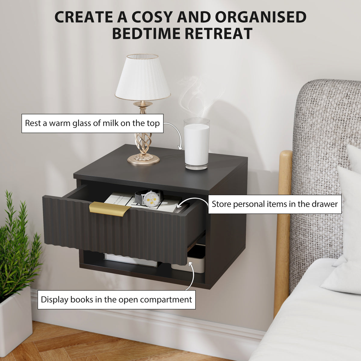 Floating Nightstands Set of 2 - Black with Gold Handle-Home Furnishings > Bedroom Furniture > Bedside Tables-DECOROLALA