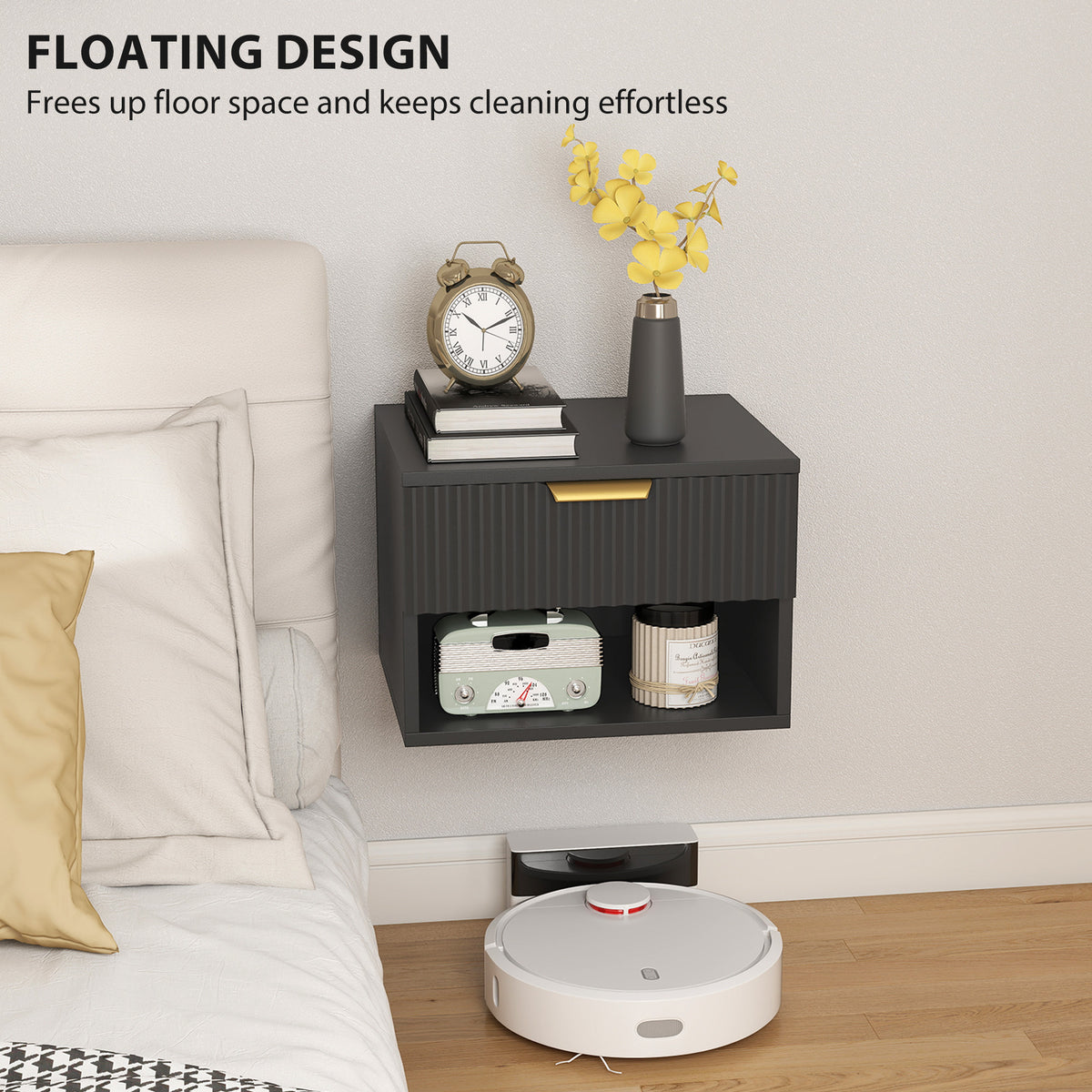 Floating Nightstands Set of 2 - Black with Gold Handle-Home Furnishings > Bedroom Furniture > Bedside Tables-DECOROLALA