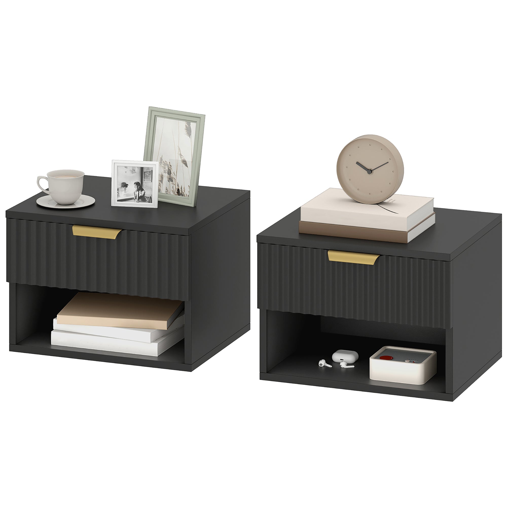 Floating Nightstands Set of 2 - Black with Gold Handle-Home Furnishings > Bedroom Furniture > Bedside Tables-DECOROLALA