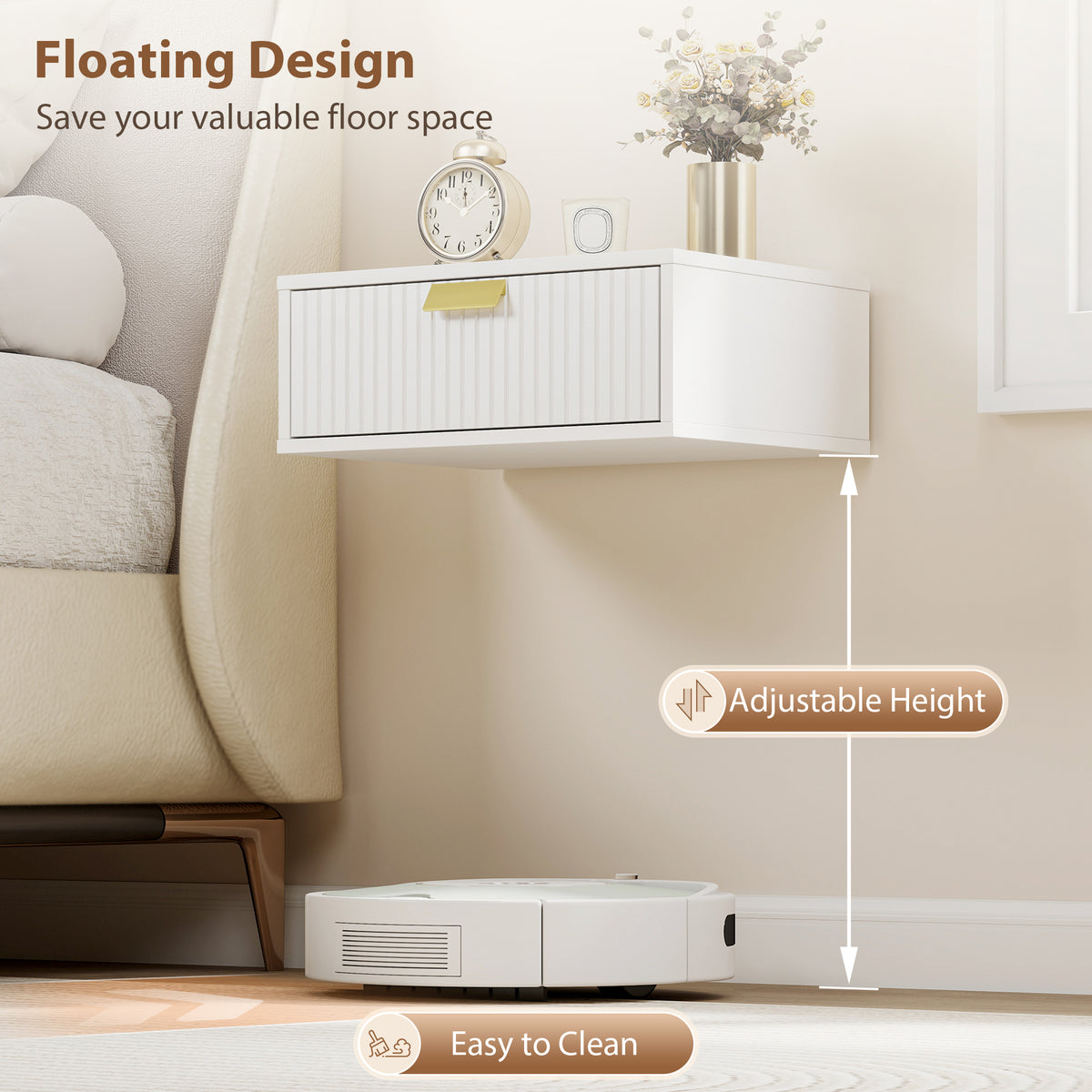 Floating Nightstands Set of 2 - Wall Mounted White Wave Drawer-Home Furnishings > Bedroom Furniture > Bedside Tables-DECOROLALA