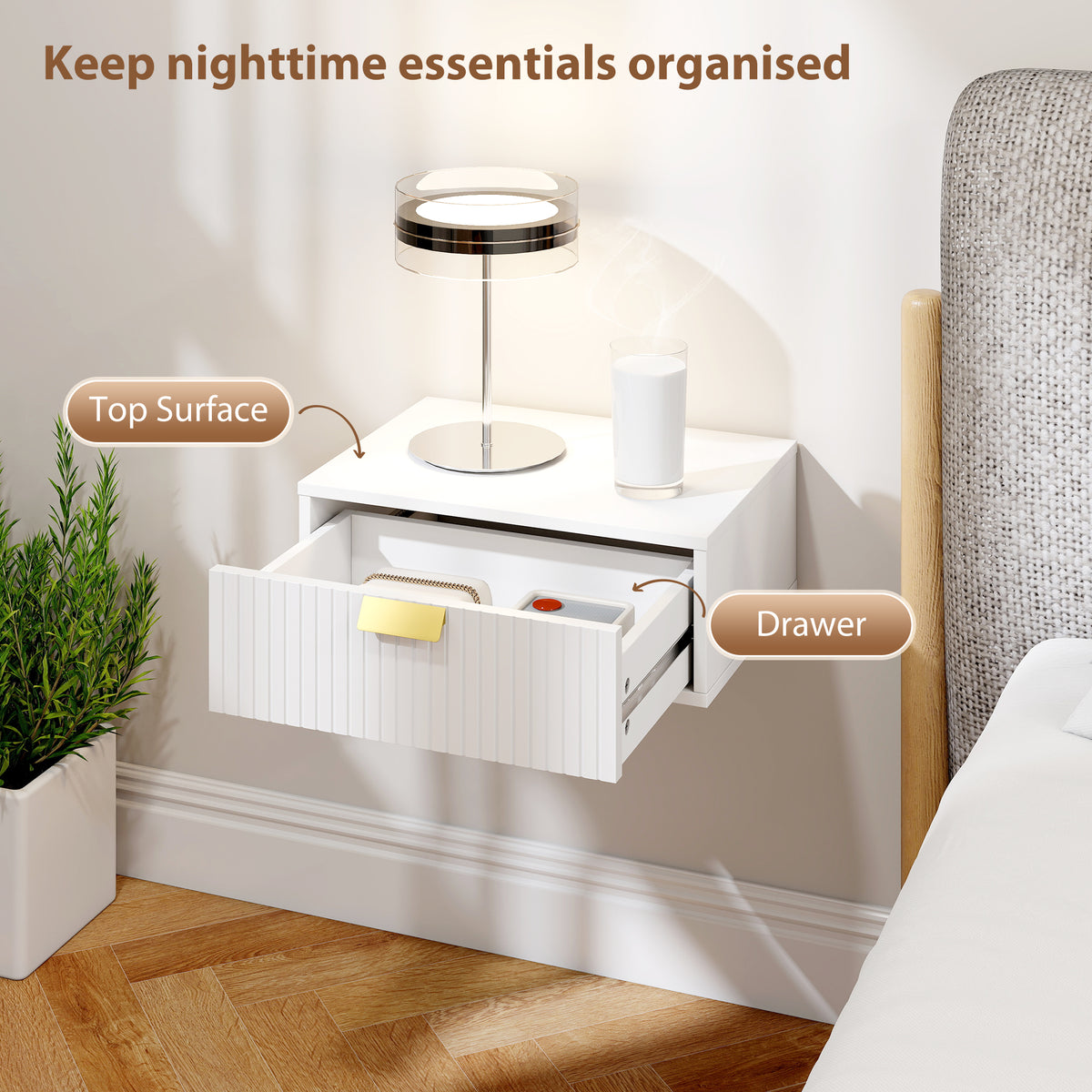 Floating Nightstands Set of 2 - Wall Mounted White Wave Drawer-Home Furnishings > Bedroom Furniture > Bedside Tables-DECOROLALA