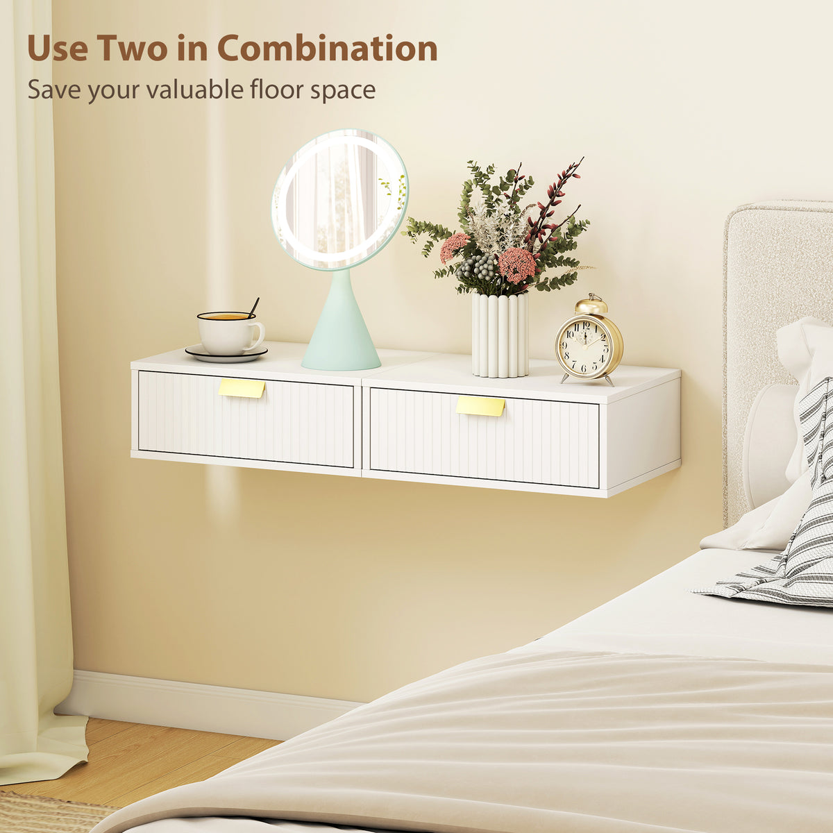 Floating Nightstands Set of 2 - Wall Mounted White Wave Drawer-Home Furnishings > Bedroom Furniture > Bedside Tables-DECOROLALA
