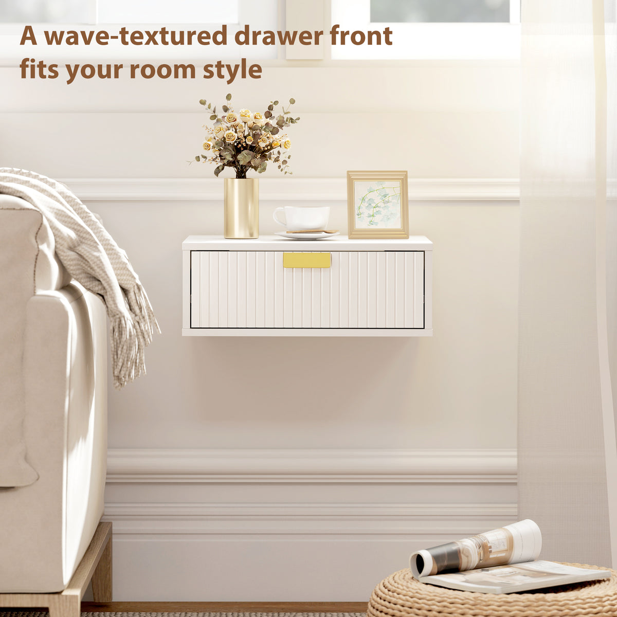 Floating Nightstands Set of 2 - Wall Mounted White Wave Drawer-Home Furnishings > Bedroom Furniture > Bedside Tables-DECOROLALA